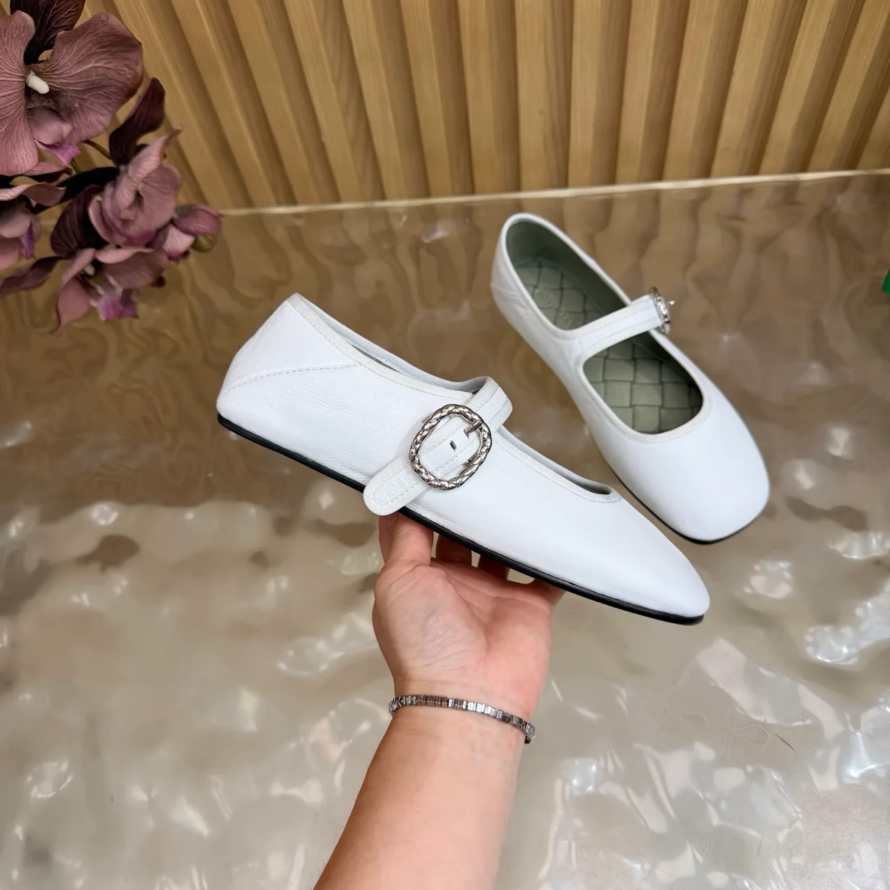 Bottega Veneta Sheepskin Quilted Glossy Square-Toe Buckle Mary Jane Flats in White · view 1