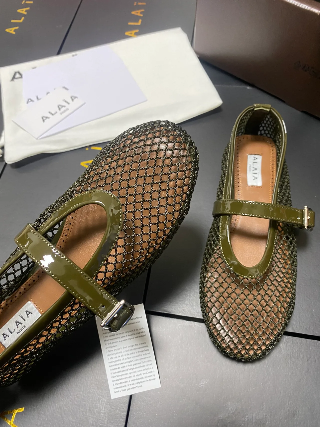 Alaia Cowhide Sheepskin Mesh Mary Jane Flats in Green · view 8