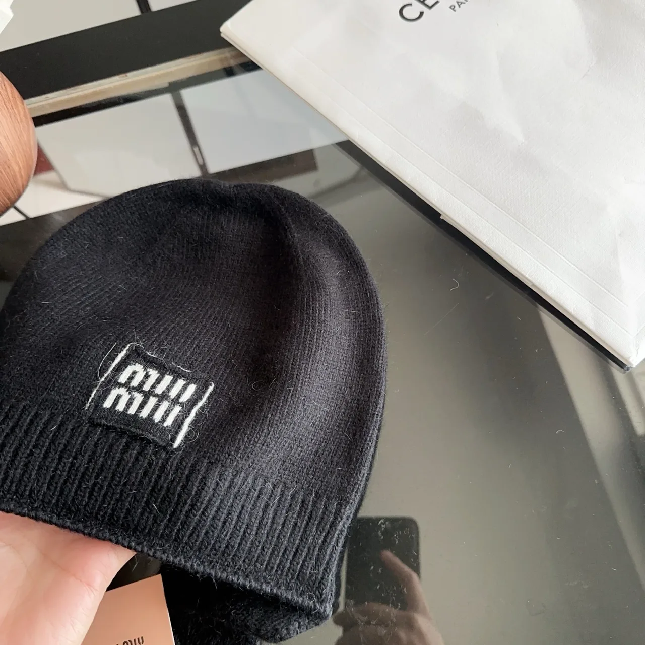Miu Miu Ribbed Beanie in Black · view 6