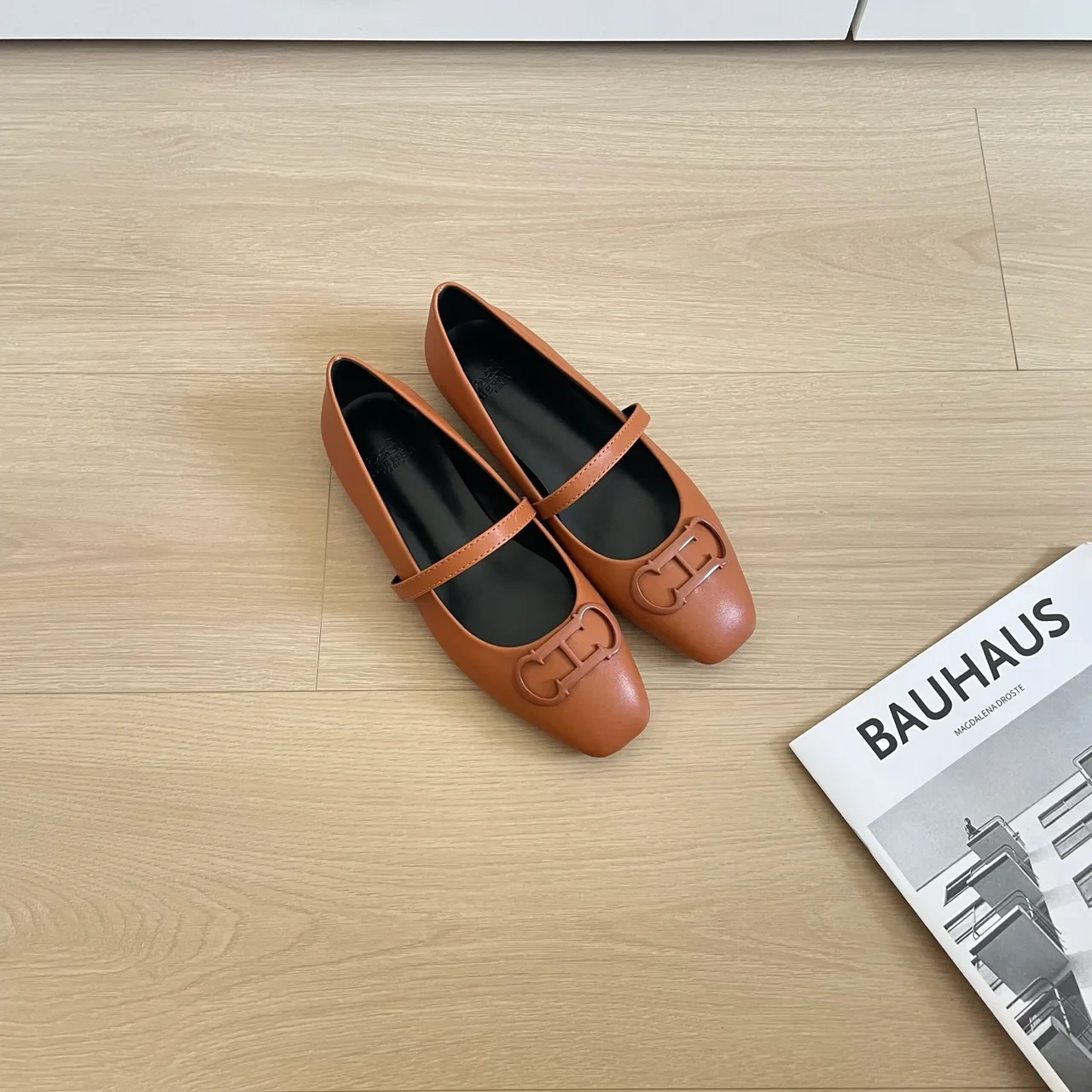 Hermes Leather Glossy Square-Toe Mary Jane Shoes in Tan · view 3