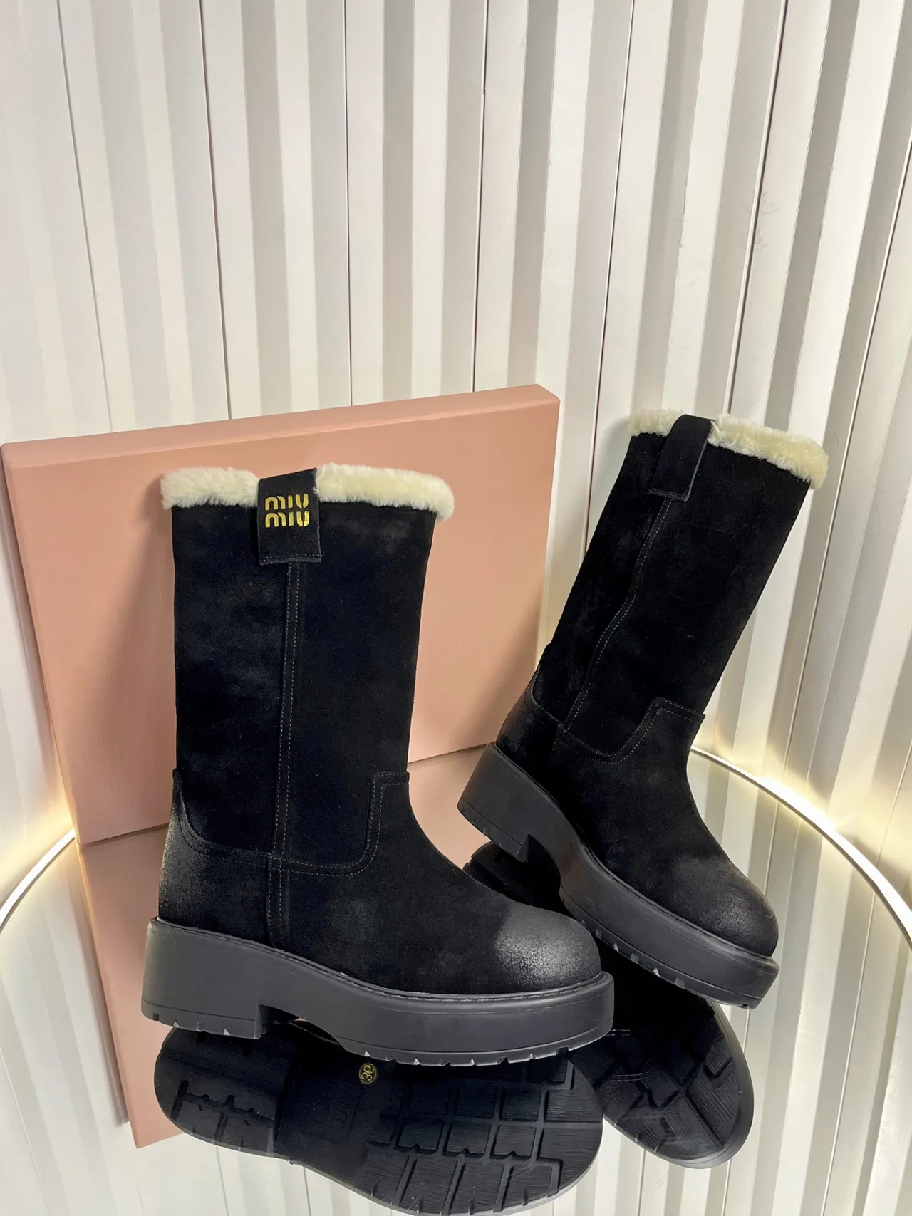Miu Miu Calfskin Suede-Look Boots in Black · view 4