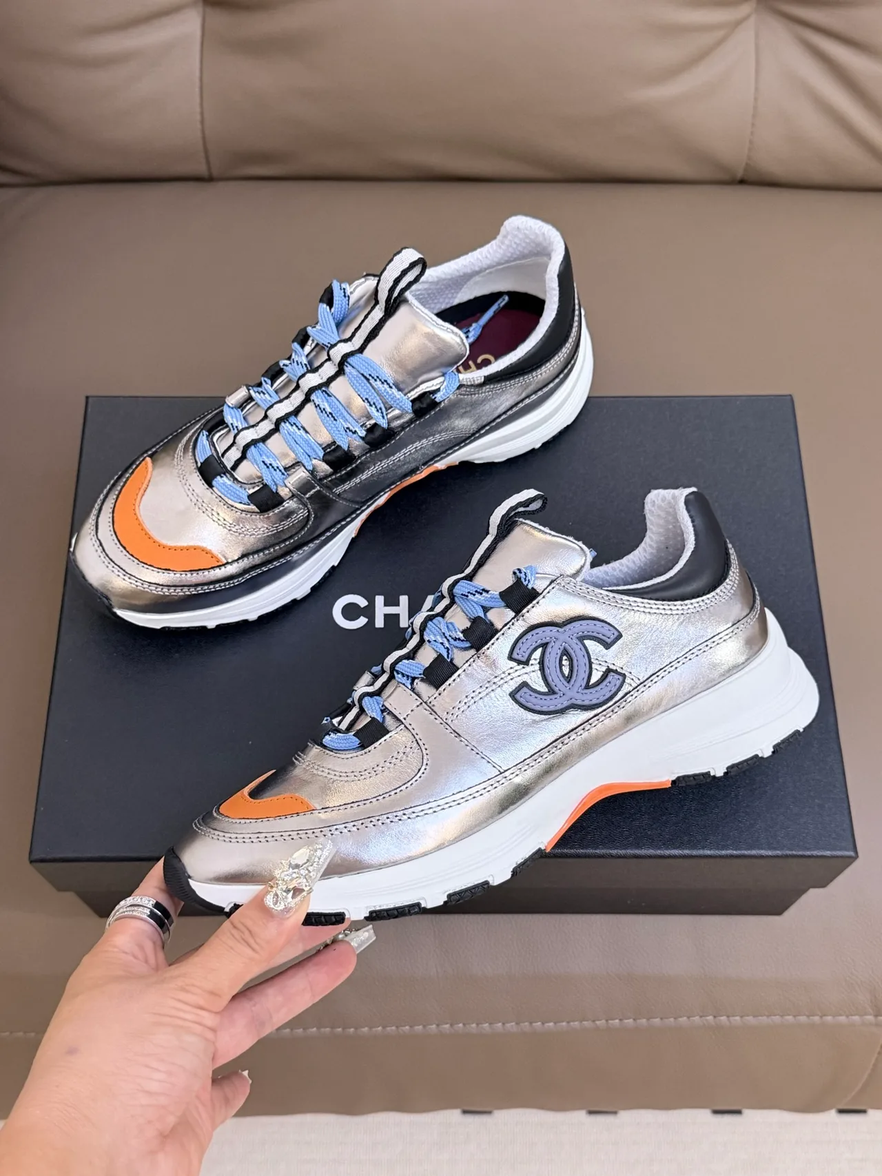 Chanel Cowhide Sheepskin Lace-Up Sneakers in Silver · view 3