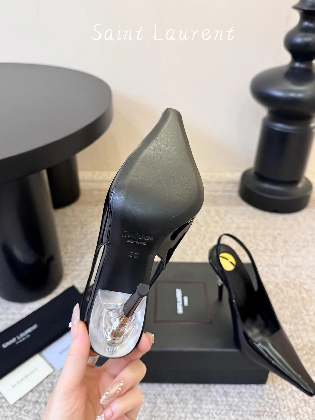Saint Laurent Glossy Pointed-Toe Sandals in Black · view 6