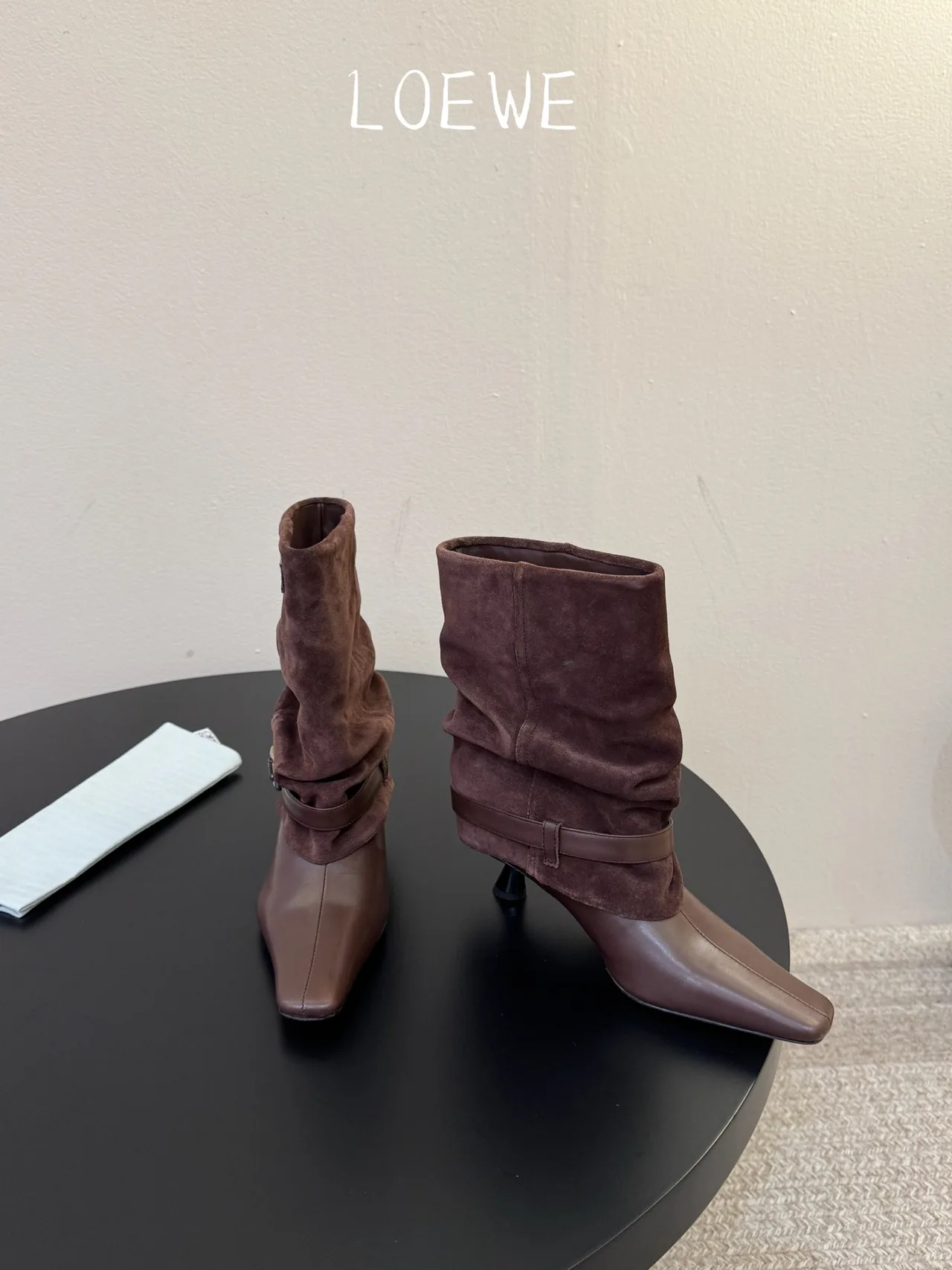 Loewe Cowhide Ribbed Suede-Look Square-Toe Buckle Ankle Boots in Brown · view 2