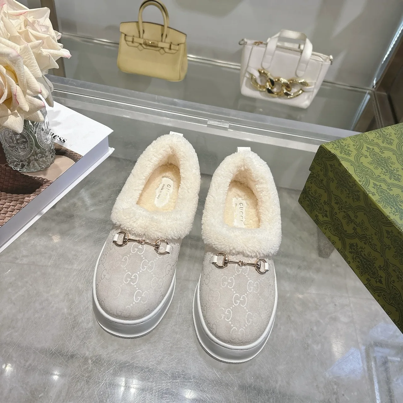 Gucci Cowhide Sheepskin Buckle Slippers in Grey · view 2