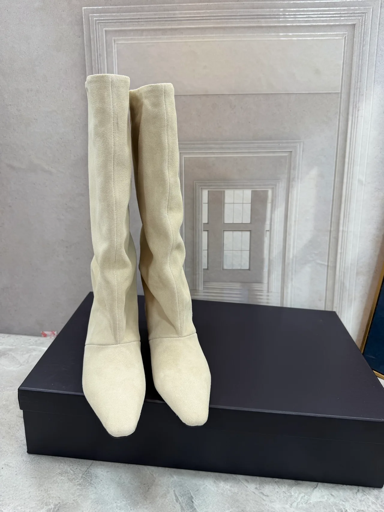 Smooth Round-Toe Knee-High Block-Heel Boots in White · view 1