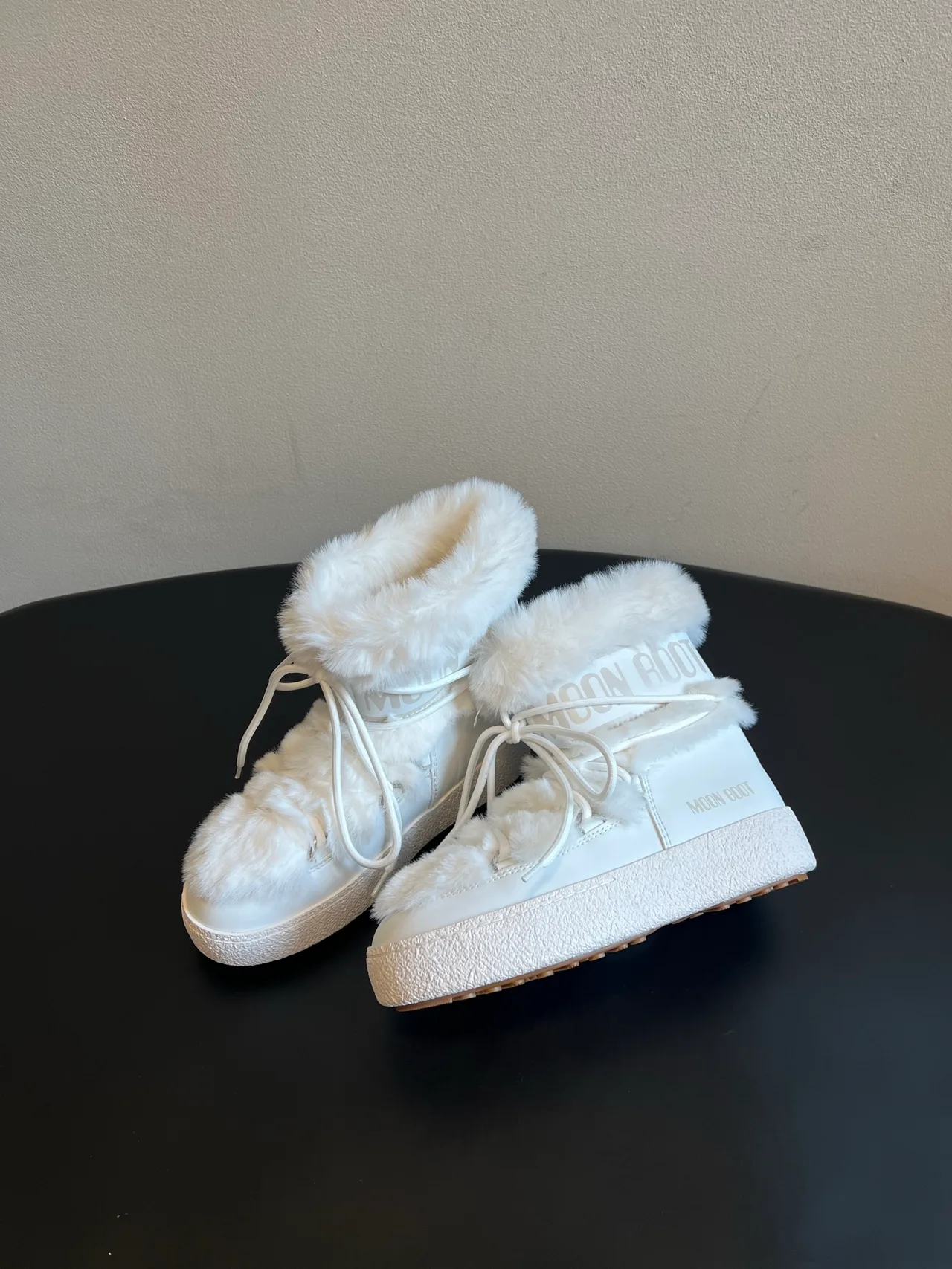 Moon Boot Cowhide Smooth Lace-Up Fleece Snow Boots in Cream · view 3