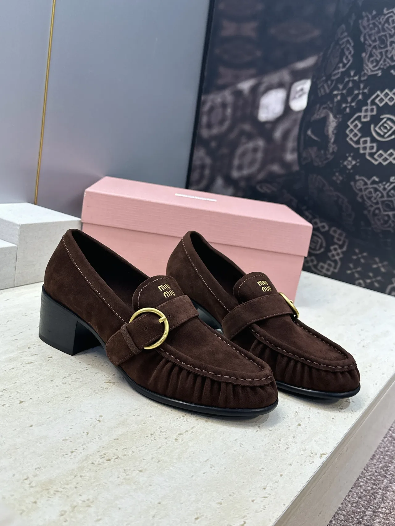 Miu Miu Cowhide Sheepskin Buckle Suede Heeled Loafers in Brown · view 1