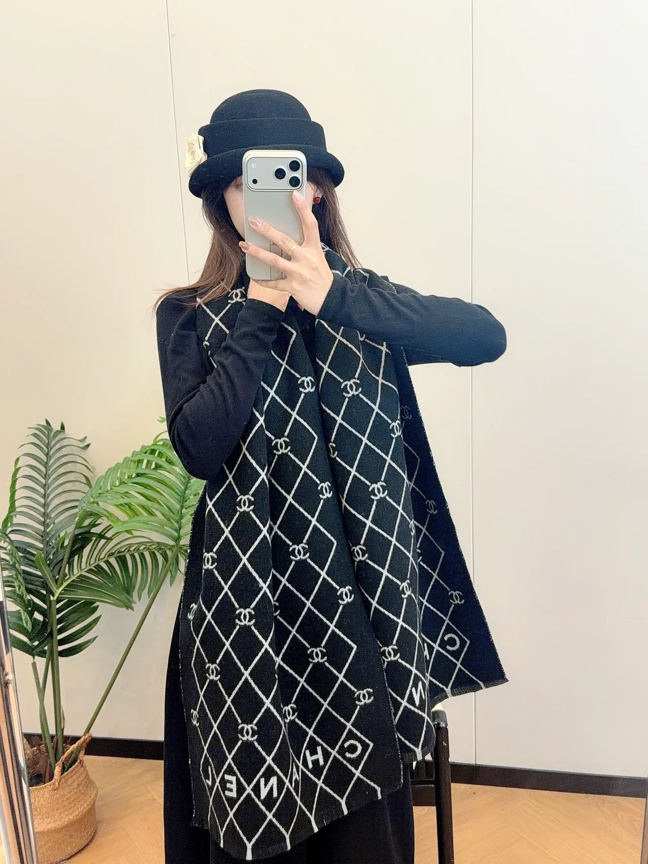 Chanel Diamond CC Fringe Scarf in Brown & Grey & Black & Beige · view 7
