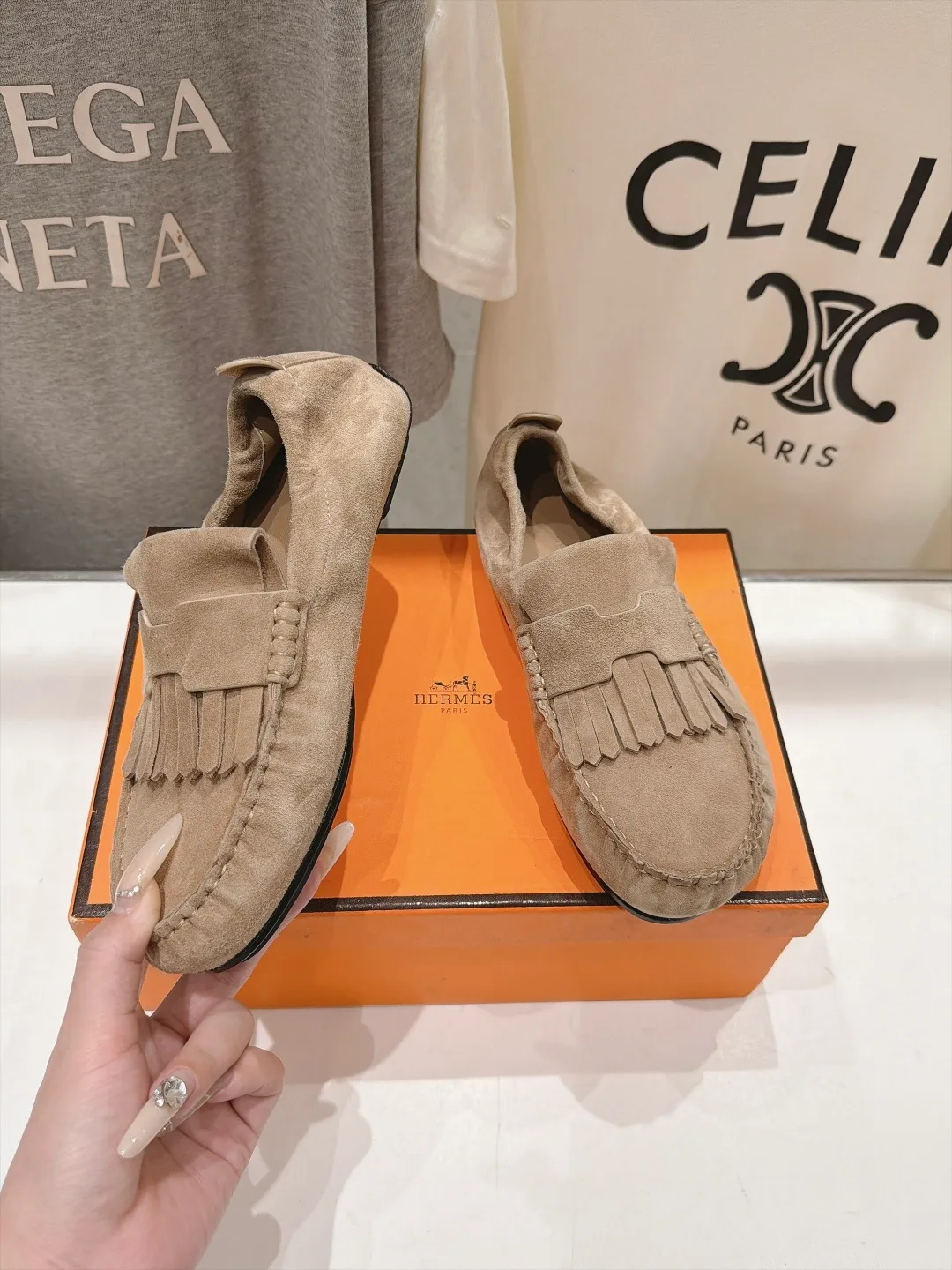 Celine Suede-Look Round-Toe Fringed Loafers in Beige · view 3