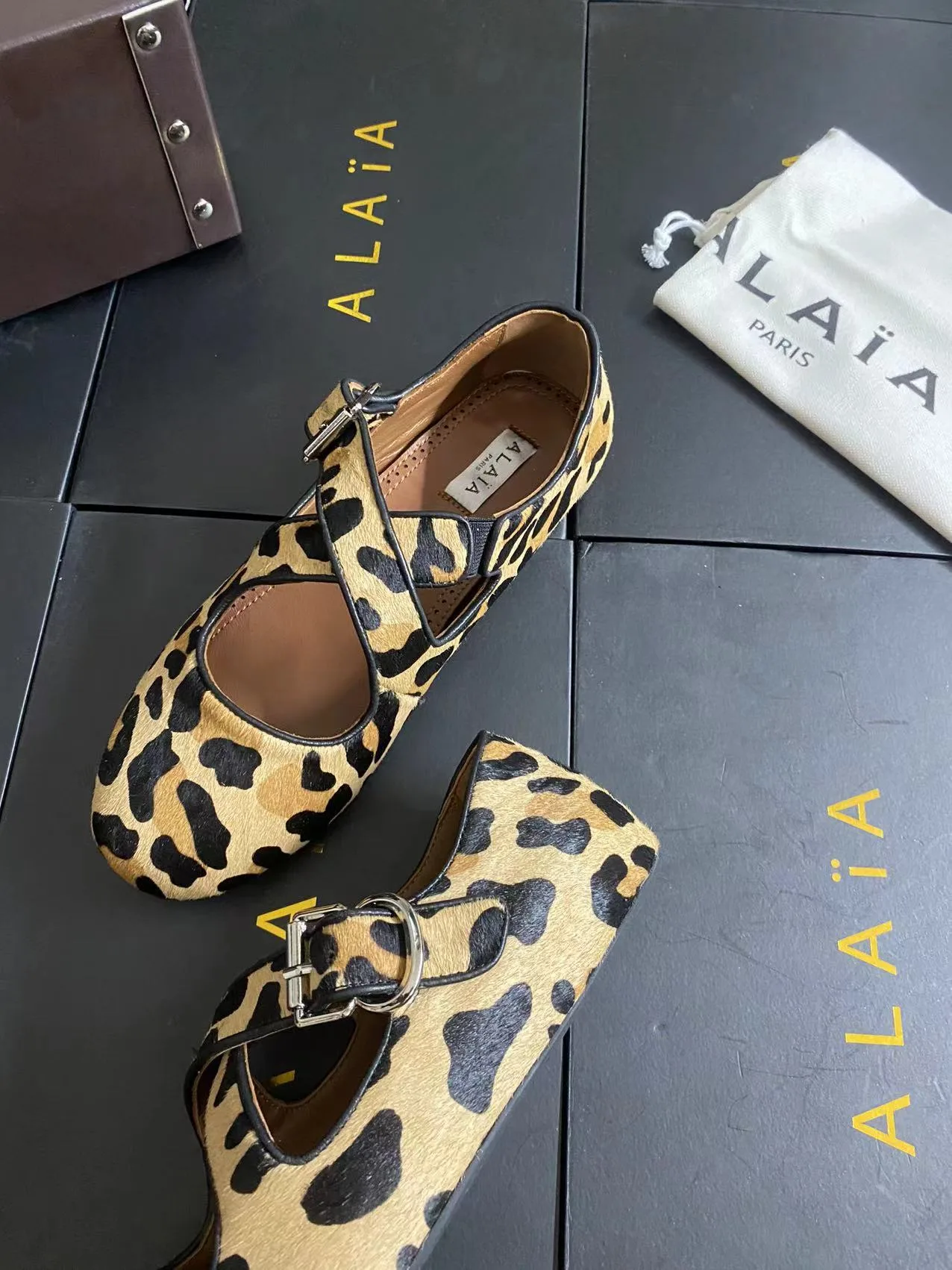 Alaia Cowhide Sheepskin Round-Toe Buckle Ballet Flats in Brown · view 4
