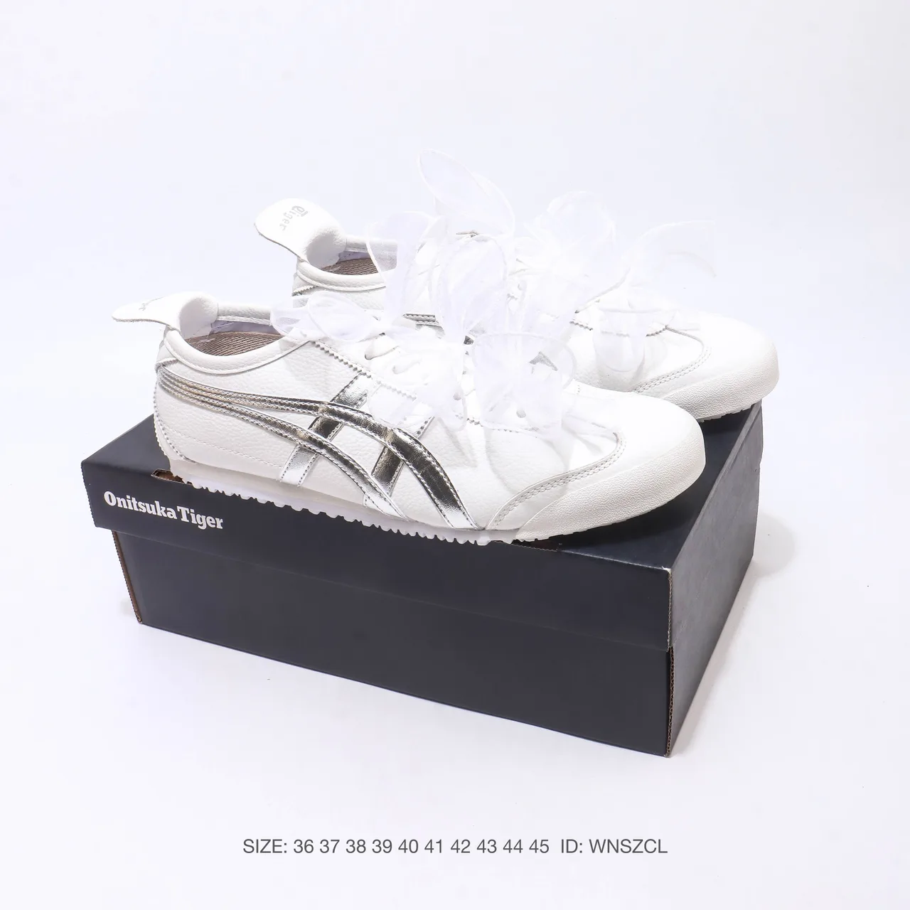 Onitsuka Tiger Mexico 66 Ribbon-Lace Sneakers in White & Silver · view 3