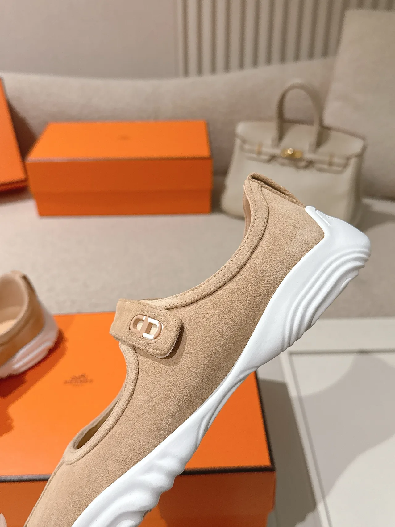 Hermes Lambskin Smooth Mary Jane Shoes in Beige · view 8