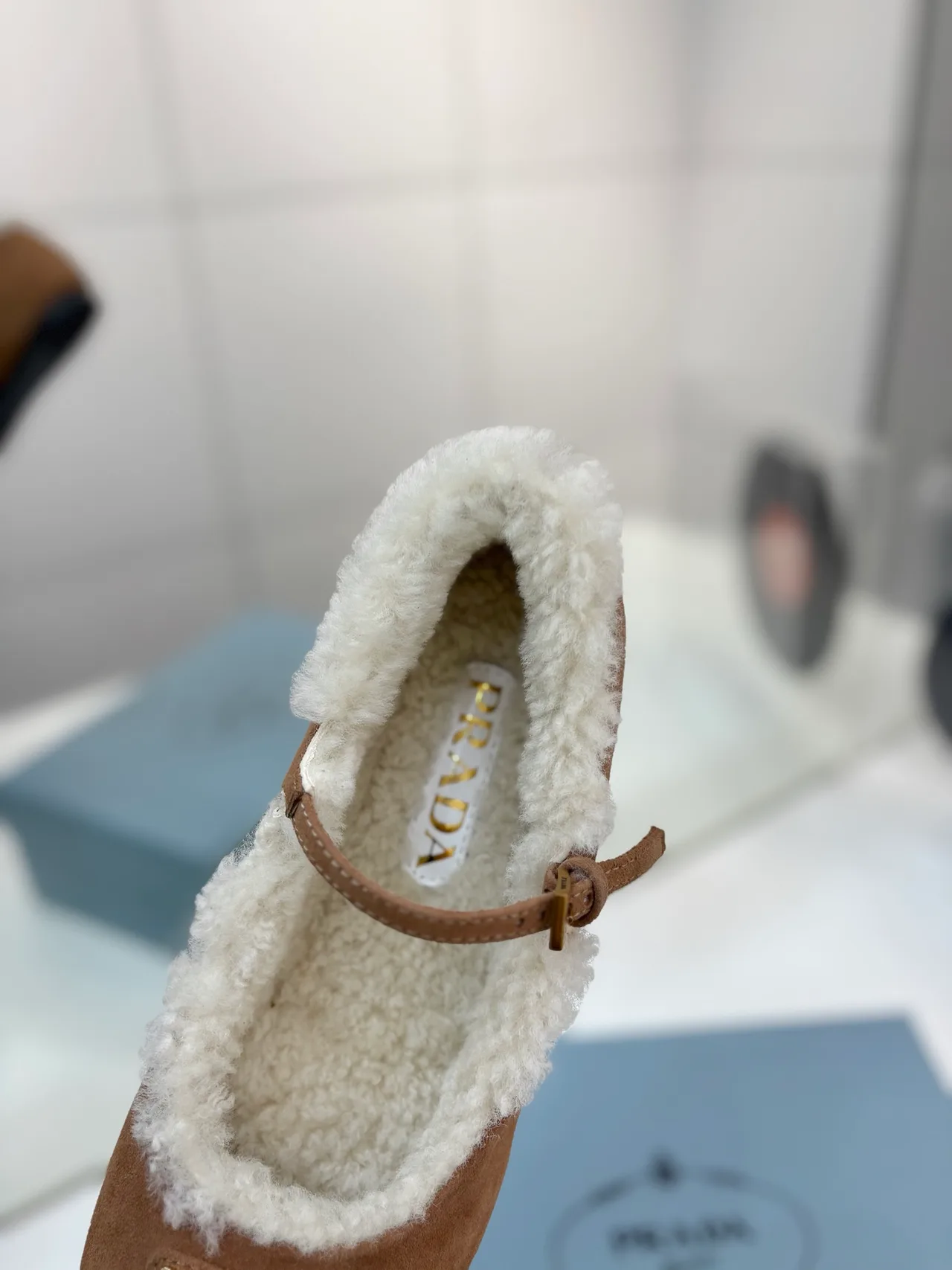 Prada Fur-Lined Mary Jane Flats in Brown · view 8
