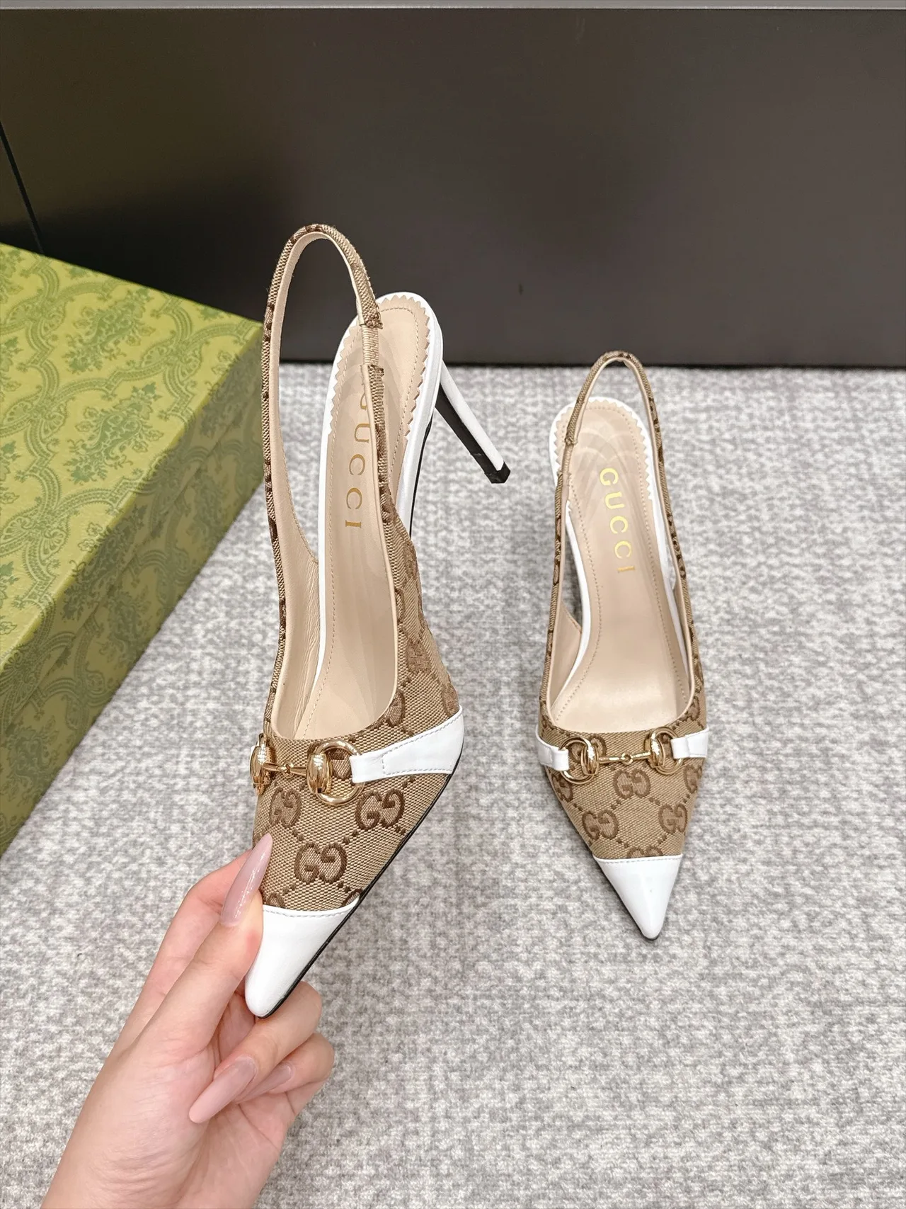 Gucci Pointed-Toe Monogram Slingback Pumps in Beige · view 4