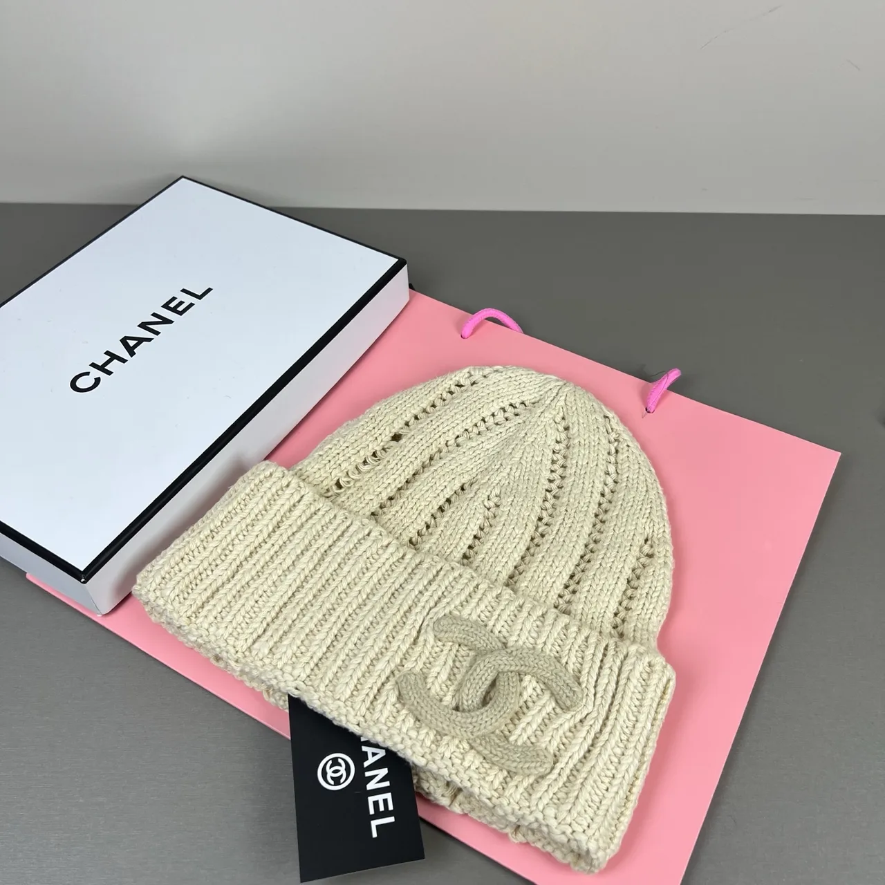 Chanel Cable-Knit Beanie in Beige & Grey · view 1