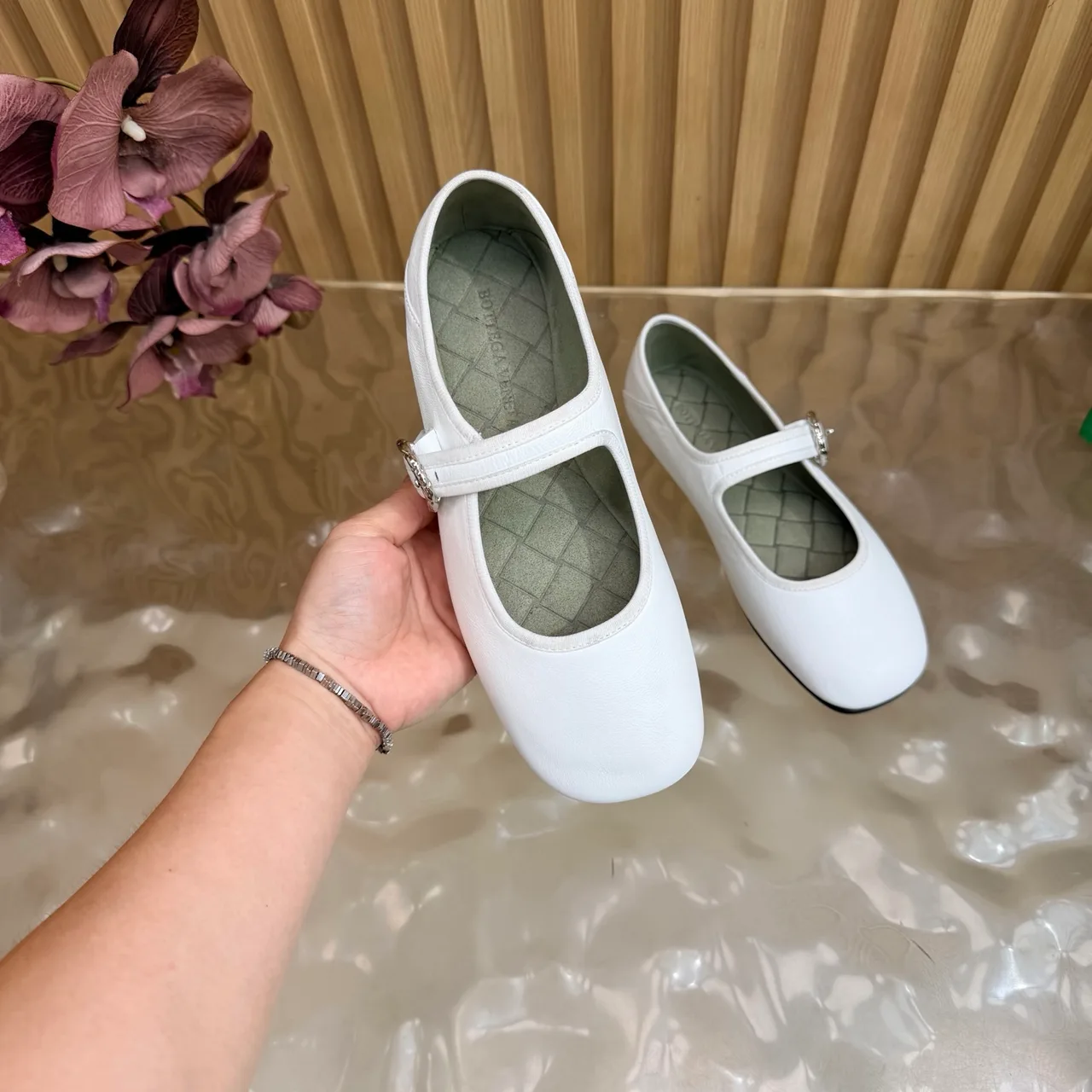 Bottega Veneta Sheepskin Quilted Glossy Square-Toe Buckle Mary Jane Flats in White · view 7