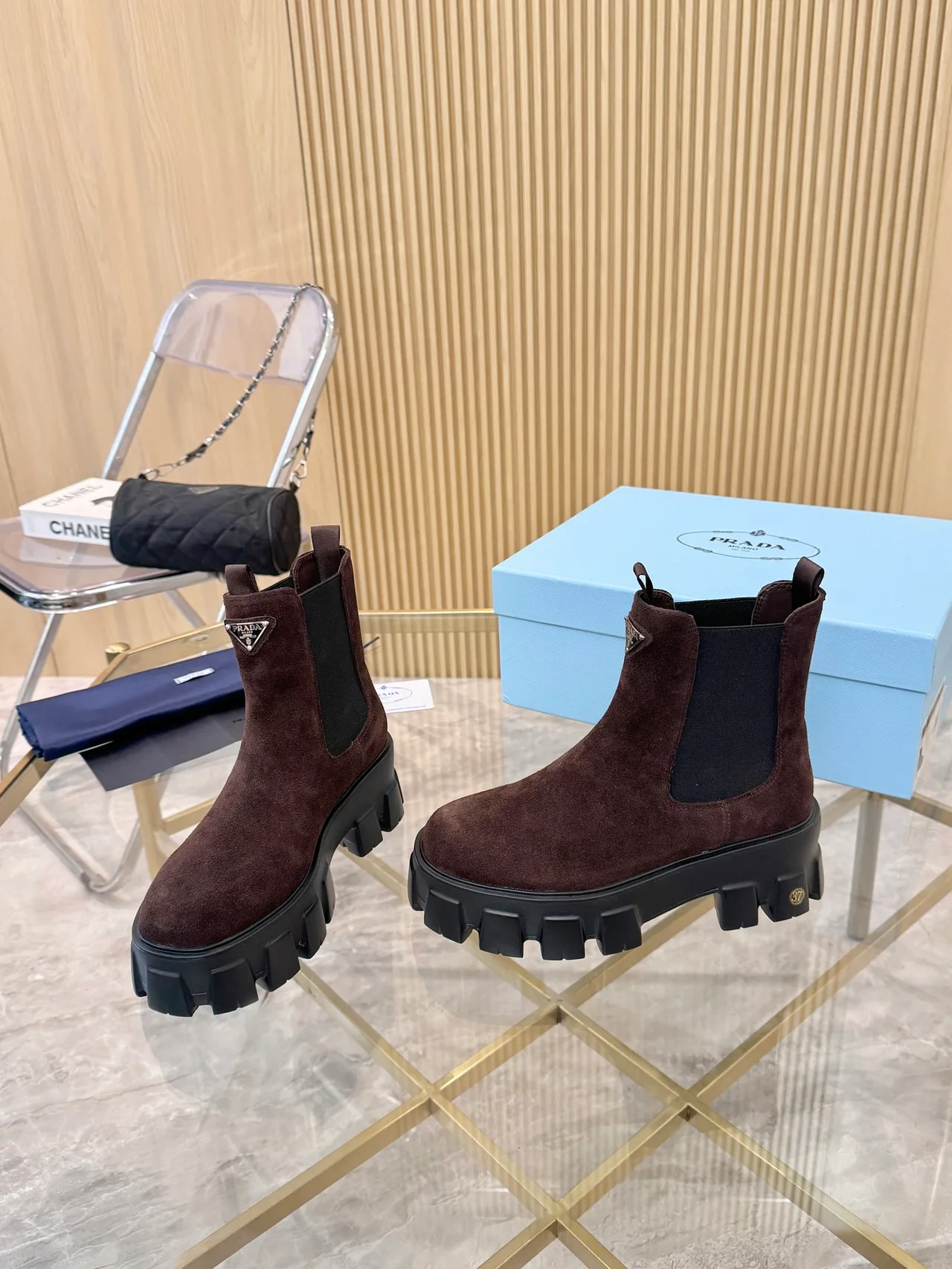 Prada Suede-Look Chelsea Boots in Brown · view 3