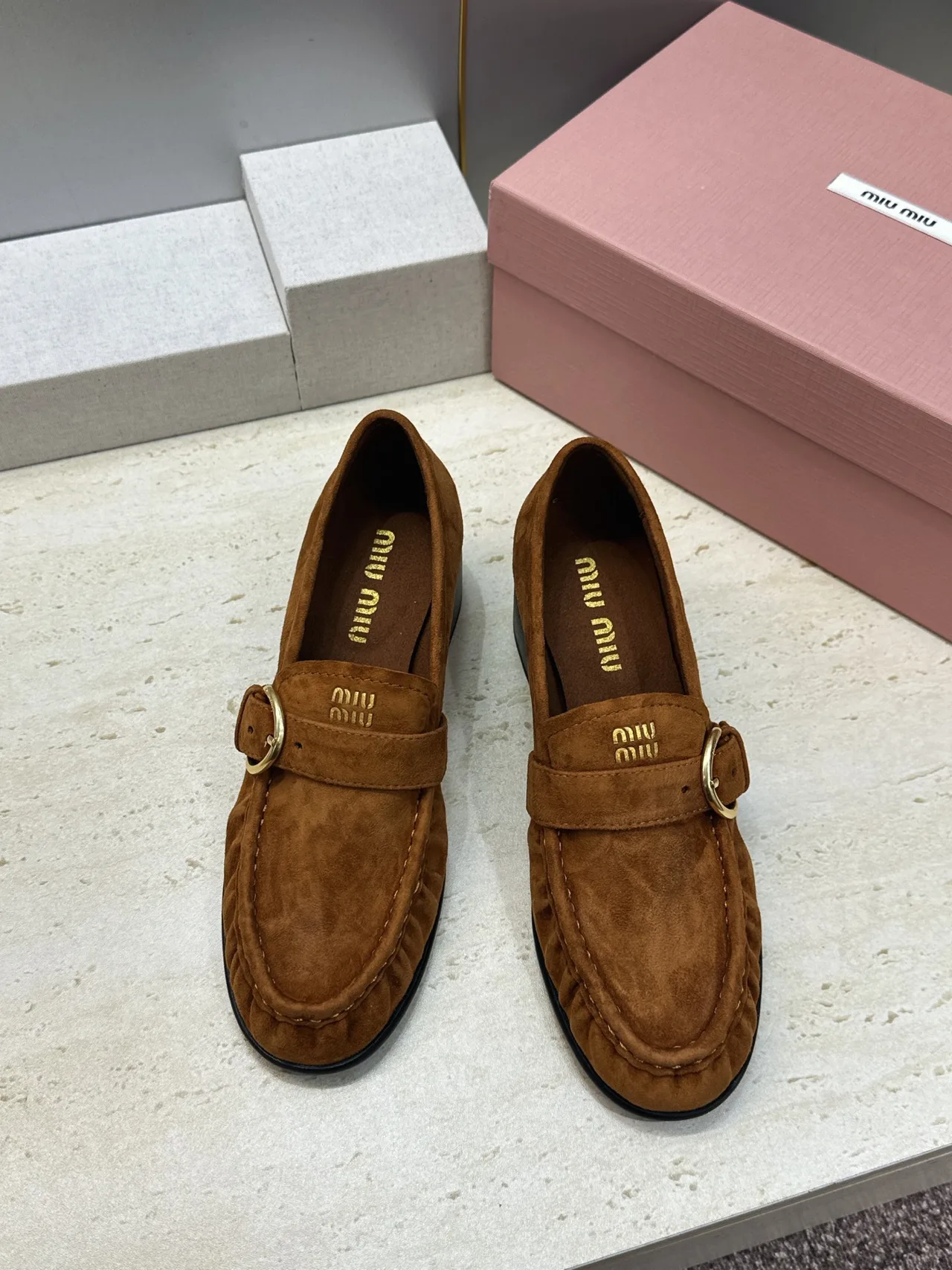 Miu Miu Cowhide Sheepskin Buckle Suede Heeled Loafers in Tan · view 2