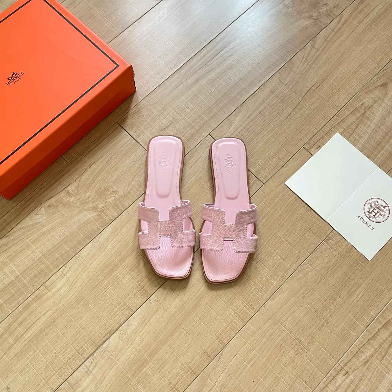 Hermes H-Strap Slides in Pink / White / Brown / Blue · view 1