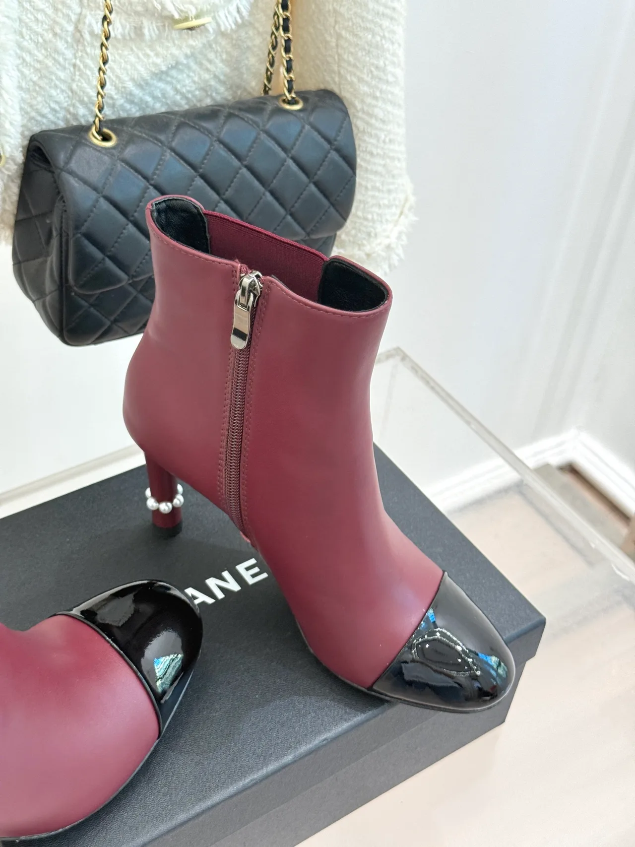 Chanel Lambskin Glossy Pointed-Toe Round-Toe Ankle Boots in Burgundy · view 3