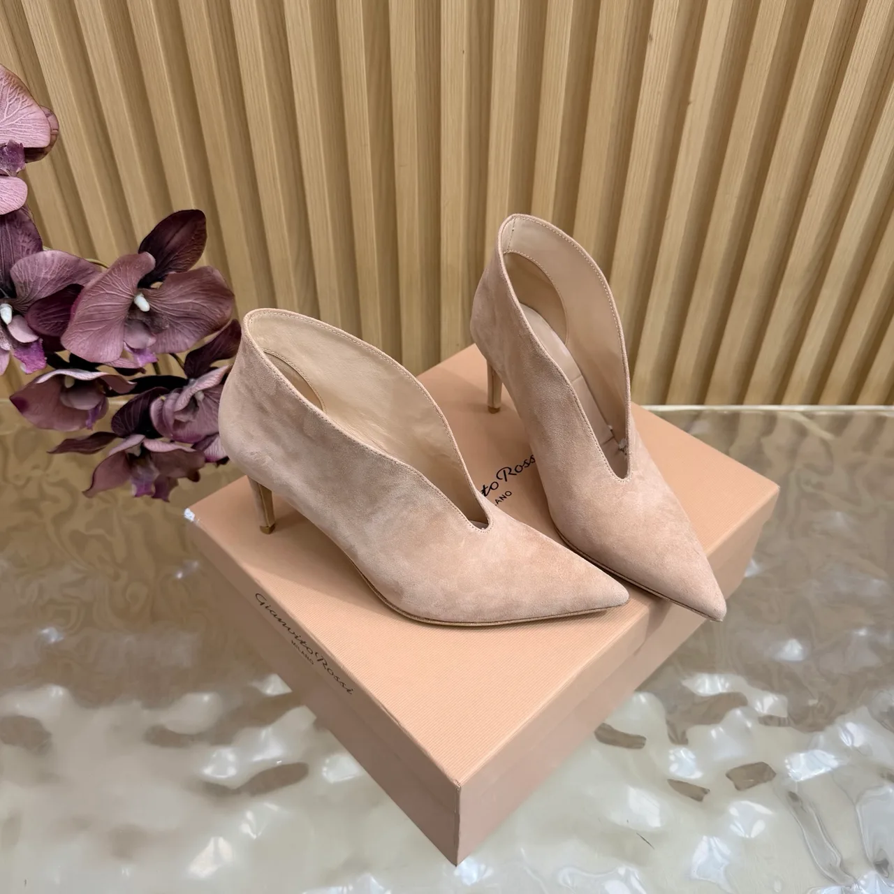 Gianvito Rossi Pointed-Toe Heeled Ankle Boots in Beige · view 3