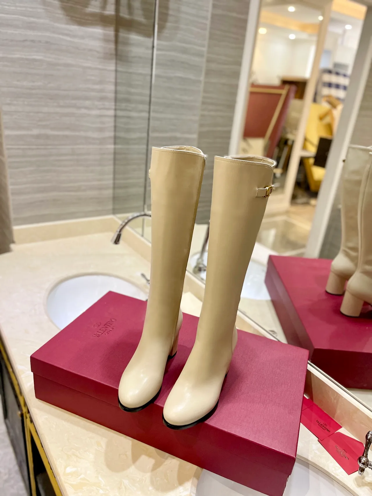 Valentino Leather Glossy Round-Toe Buckle Knee-High Boots in White · view 3