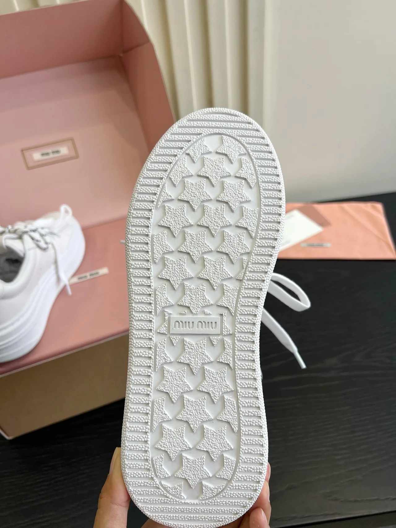 Miu Miu Cowhide Denim Smooth Sneakers in White · view 6