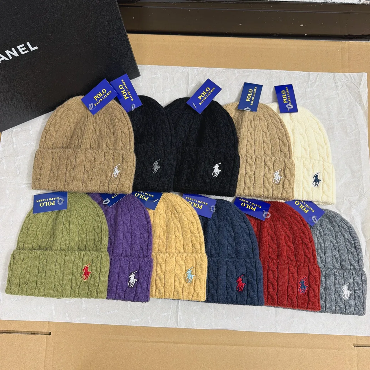 Ralph Lauren Polo Cable-Knit Beanie in Brown & Black & White & Green & Purple & Yellow & Blue & Red & Grey · view 1