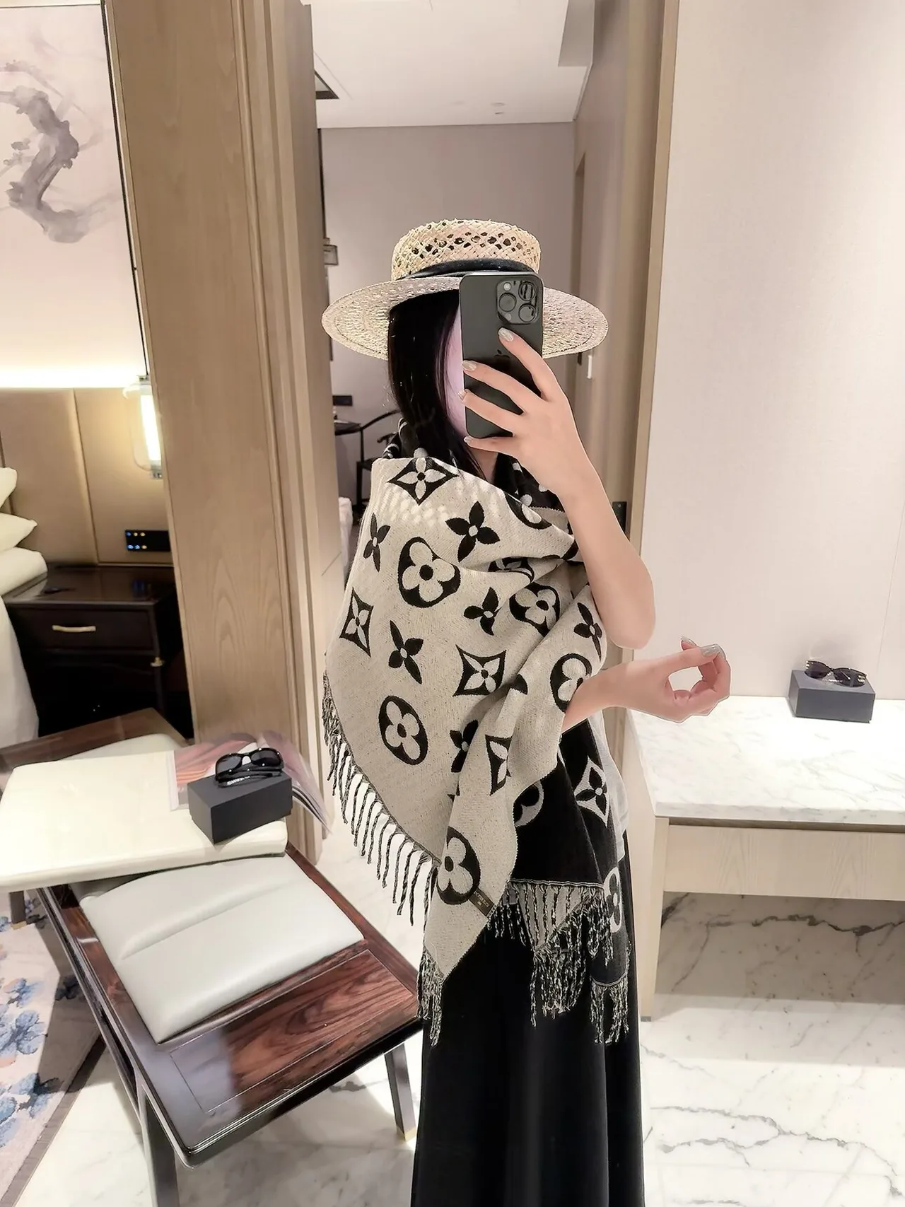 Louis Vuitton Reversible Monogram Shawl in Beige & Red · view 3