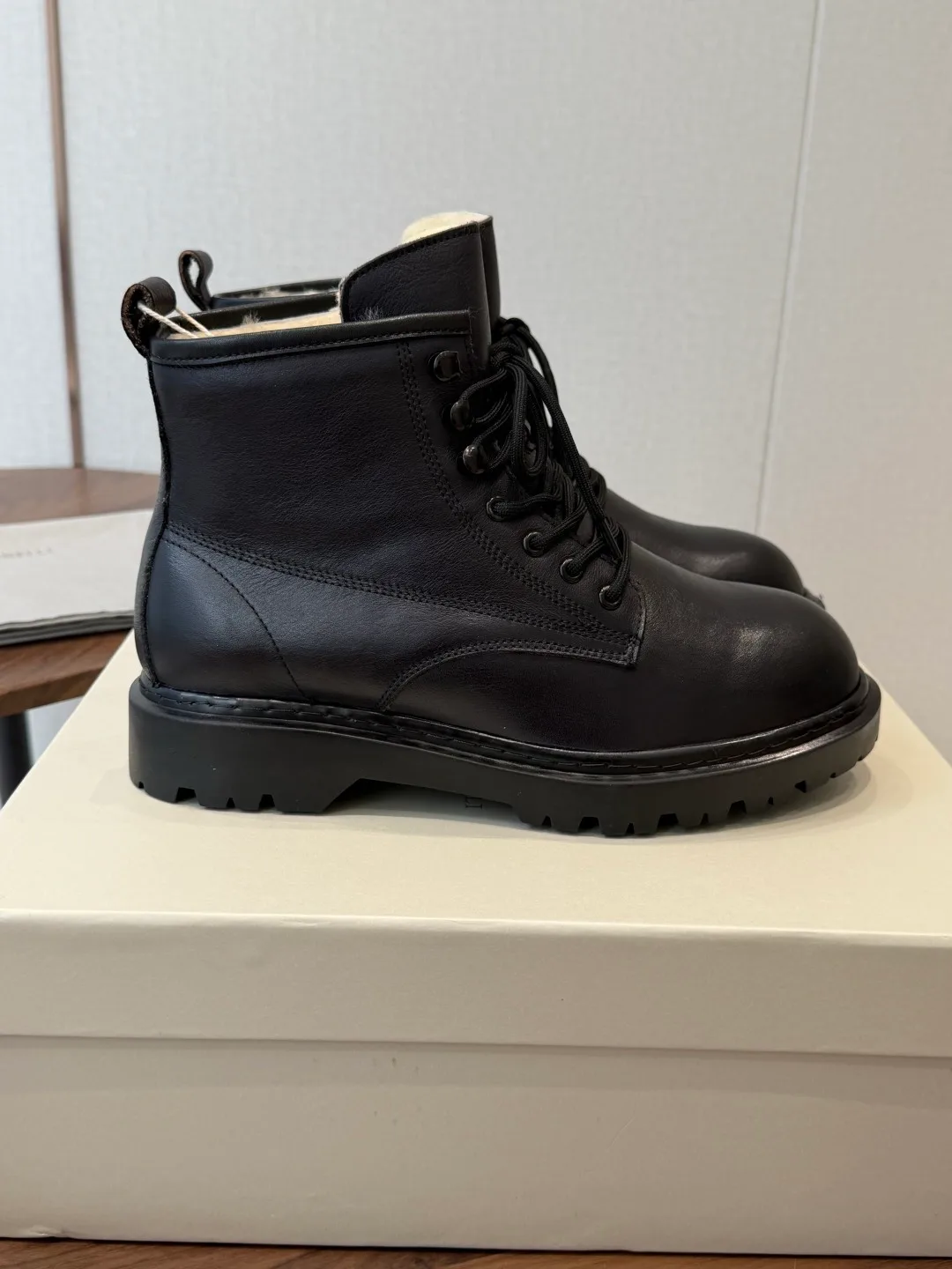 Brunello Cucinelli Cowhide Glossy Round-Toe Lace-Up Ankle Boots in Black · view 4