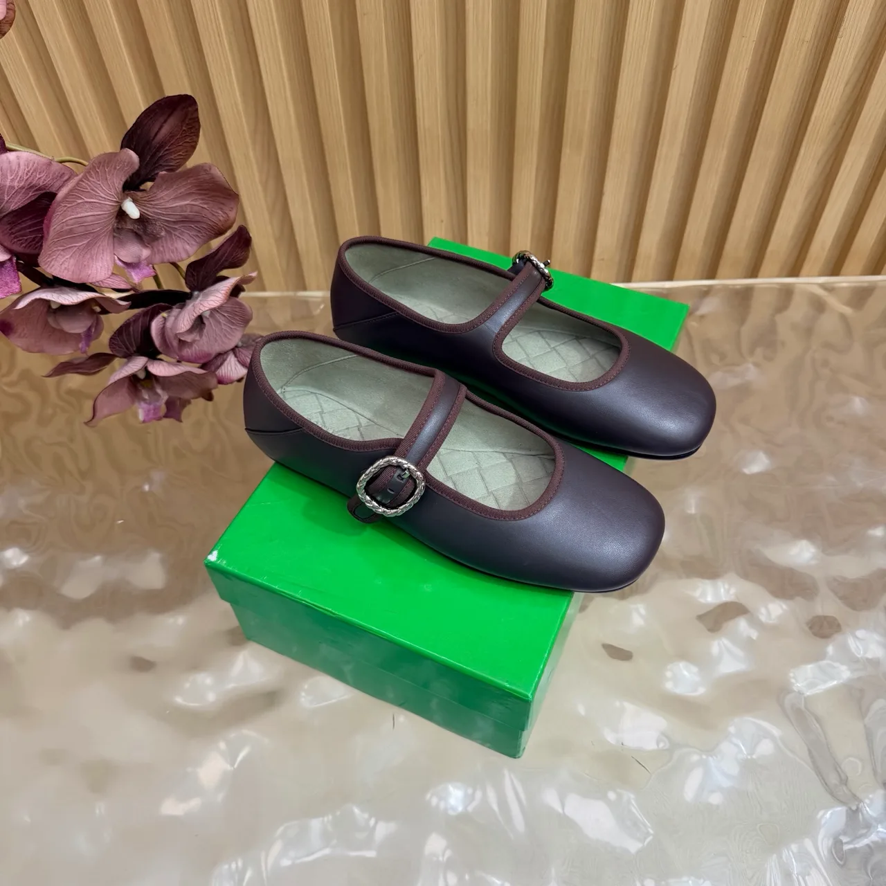 Bottega Veneta Sheepskin Quilted Buckle Mary Jane Flats in Brown · view 1