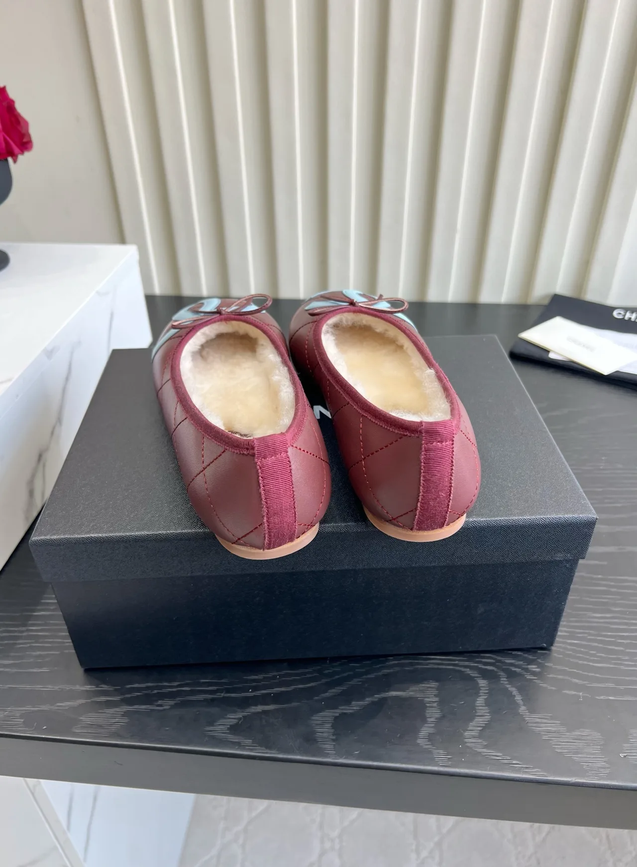 Chanel Sheepskin Quilted Bow Fur-Lined Ballet Flats in Burgundy · view 4