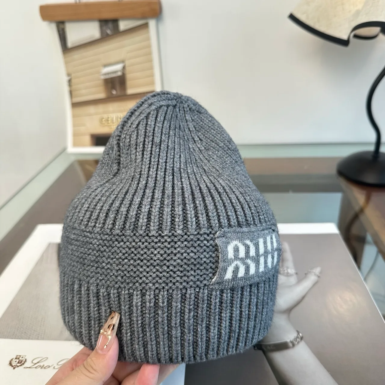 Miu Miu Ribbed Beanie in Grey · view 4