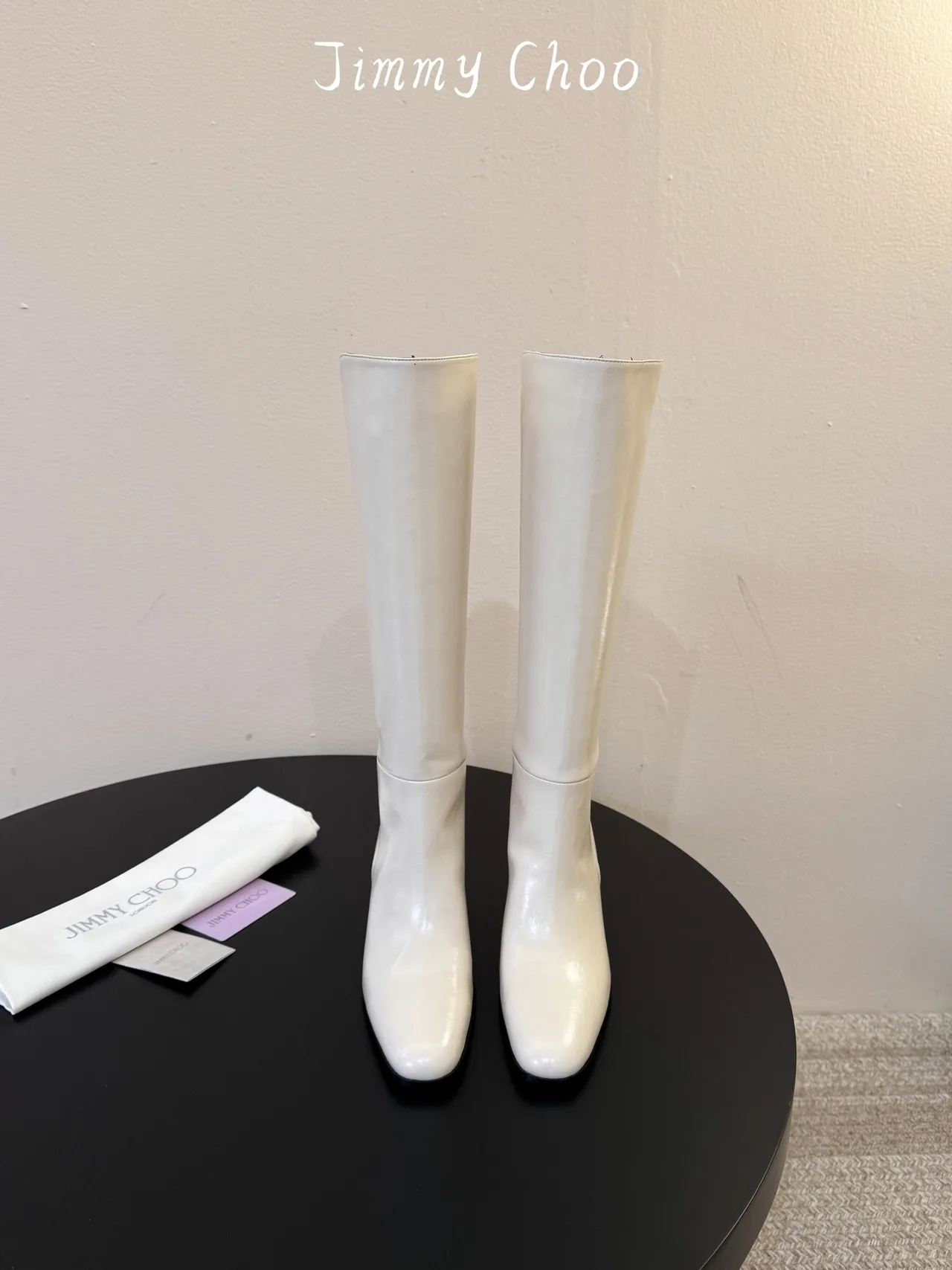 Jimmy Choo Cowhide Glossy Square-Toe Knee-High Boots in White · view 1