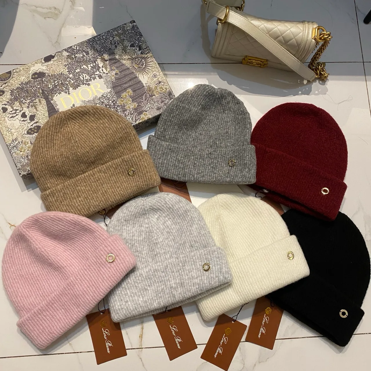 Loro Piana Beanie in Black & Beige & Grey & Brown & Pink & Burgundy · view 5