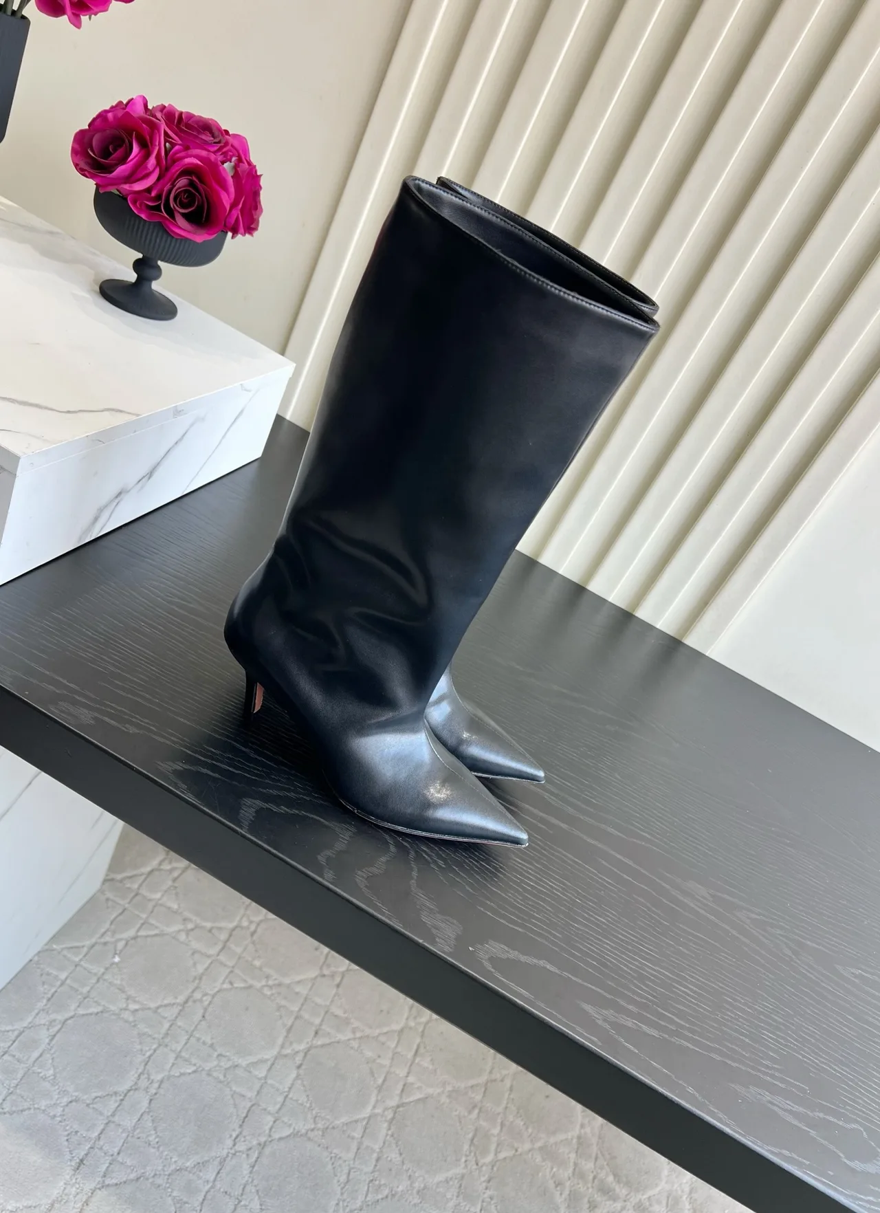 Amina Muaddi Cowhide Glossy Pointed-Toe Knee-High Boots in Black · view 3