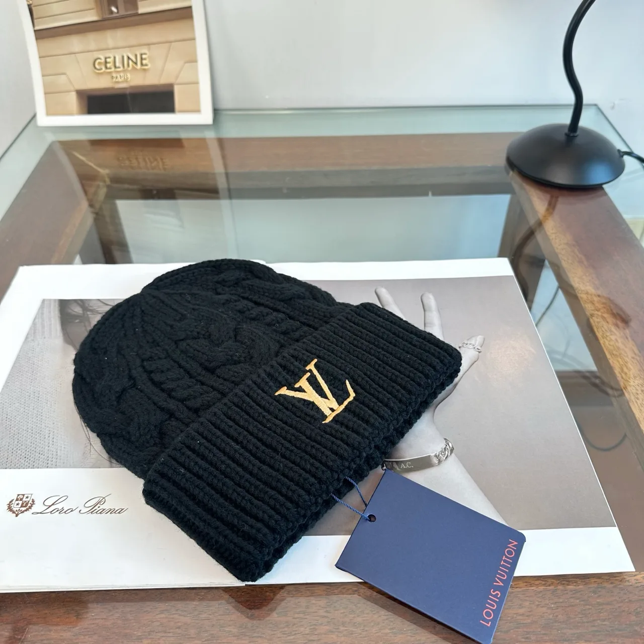 Louis Vuitton Cable-Knit Beanie in Blue & Beige & White & Brown & Black · view 4
