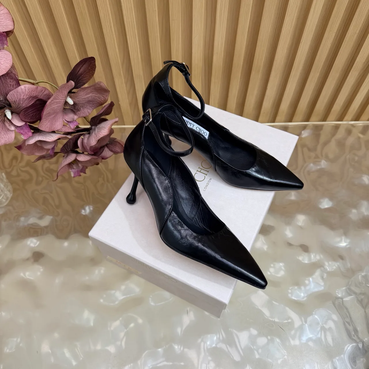 Jimmy Choo Cowhide Glossy Pointed-Toe Pointed Heel Pumps in Black · view 3