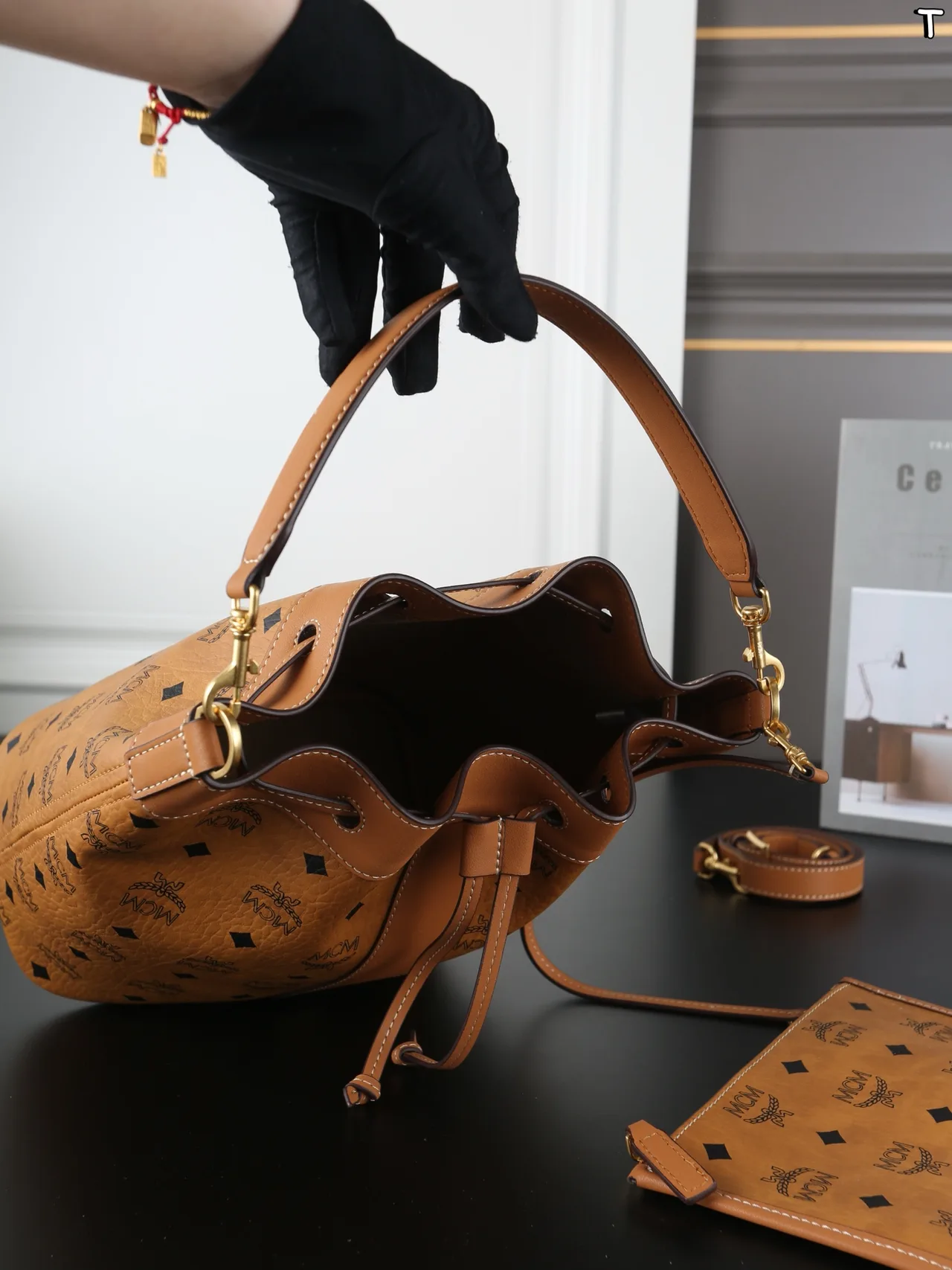 MCM Dessau Bucket Bag with Detachable Pouch in Brown · view 4