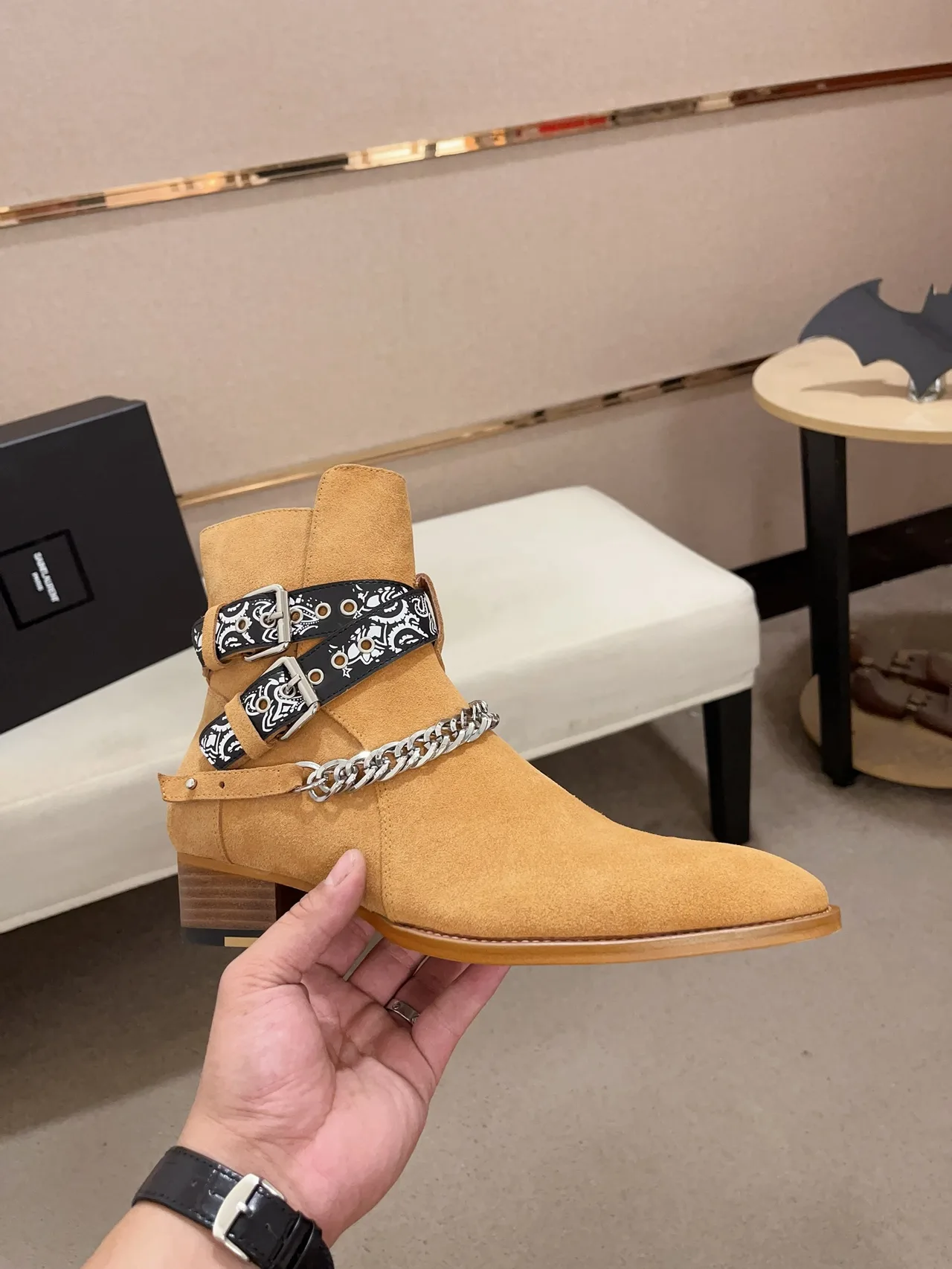 AMIRI Cowhide Suede-Look Pointed-Toe Bandana Strap Ankle Boots in Brown · view 4