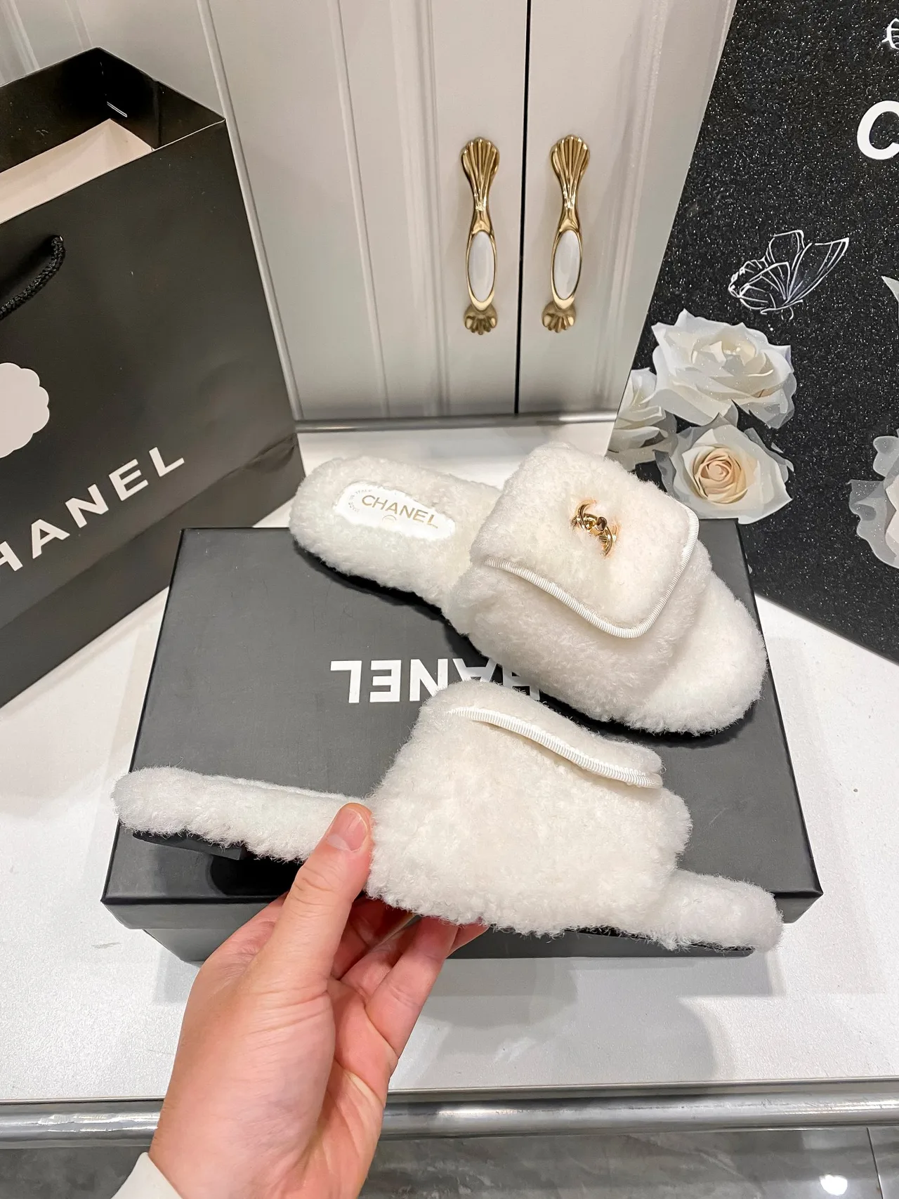 Chanel Faux-Fur Slippers in Black & White & Beige · view 7