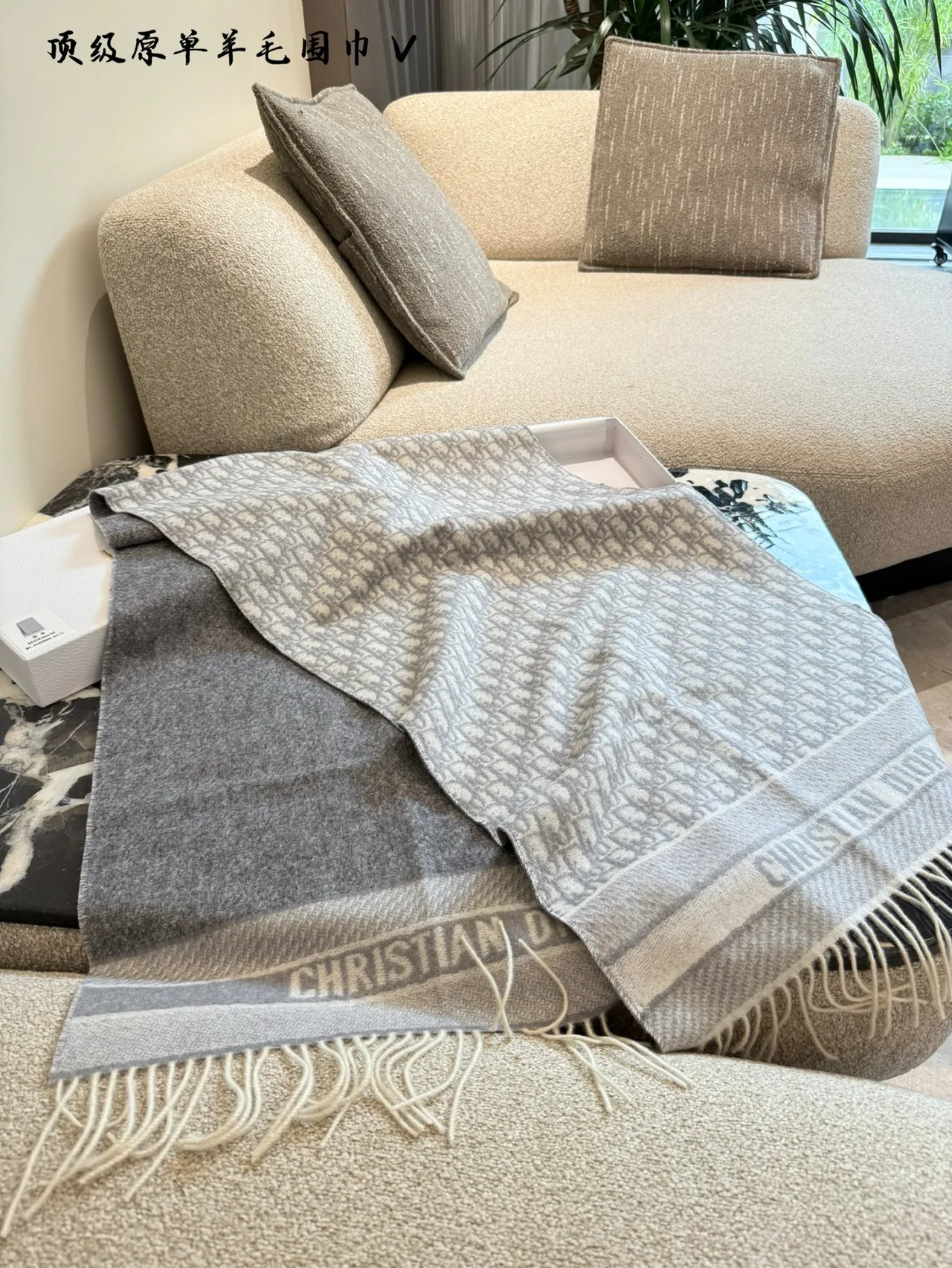 Dior Reversible Oblique Fringe Scarf in Grey & Pink · view 1