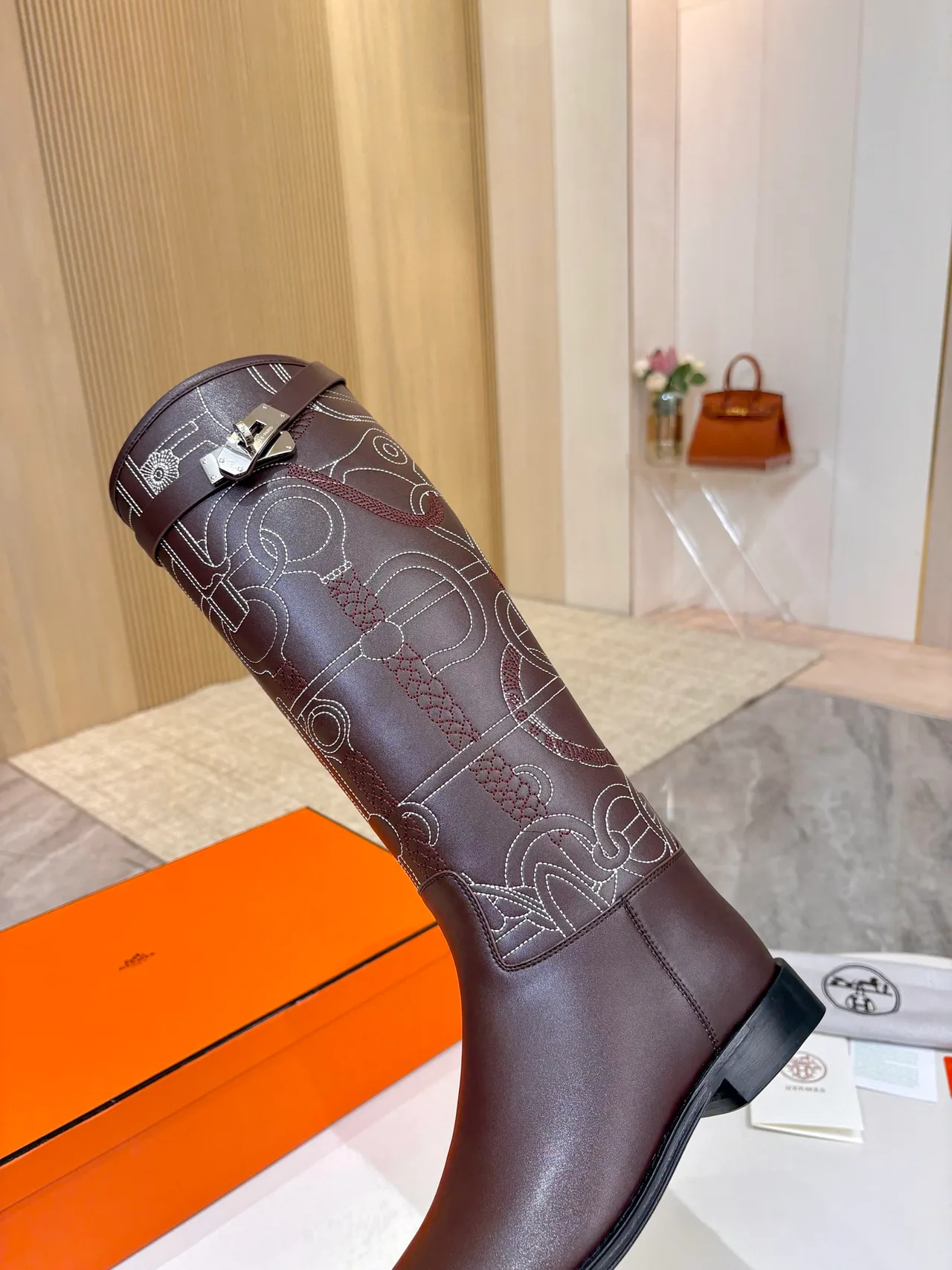Hermes Cowhide Glossy Embroidered Pointed-Toe Boots in Brown · view 5