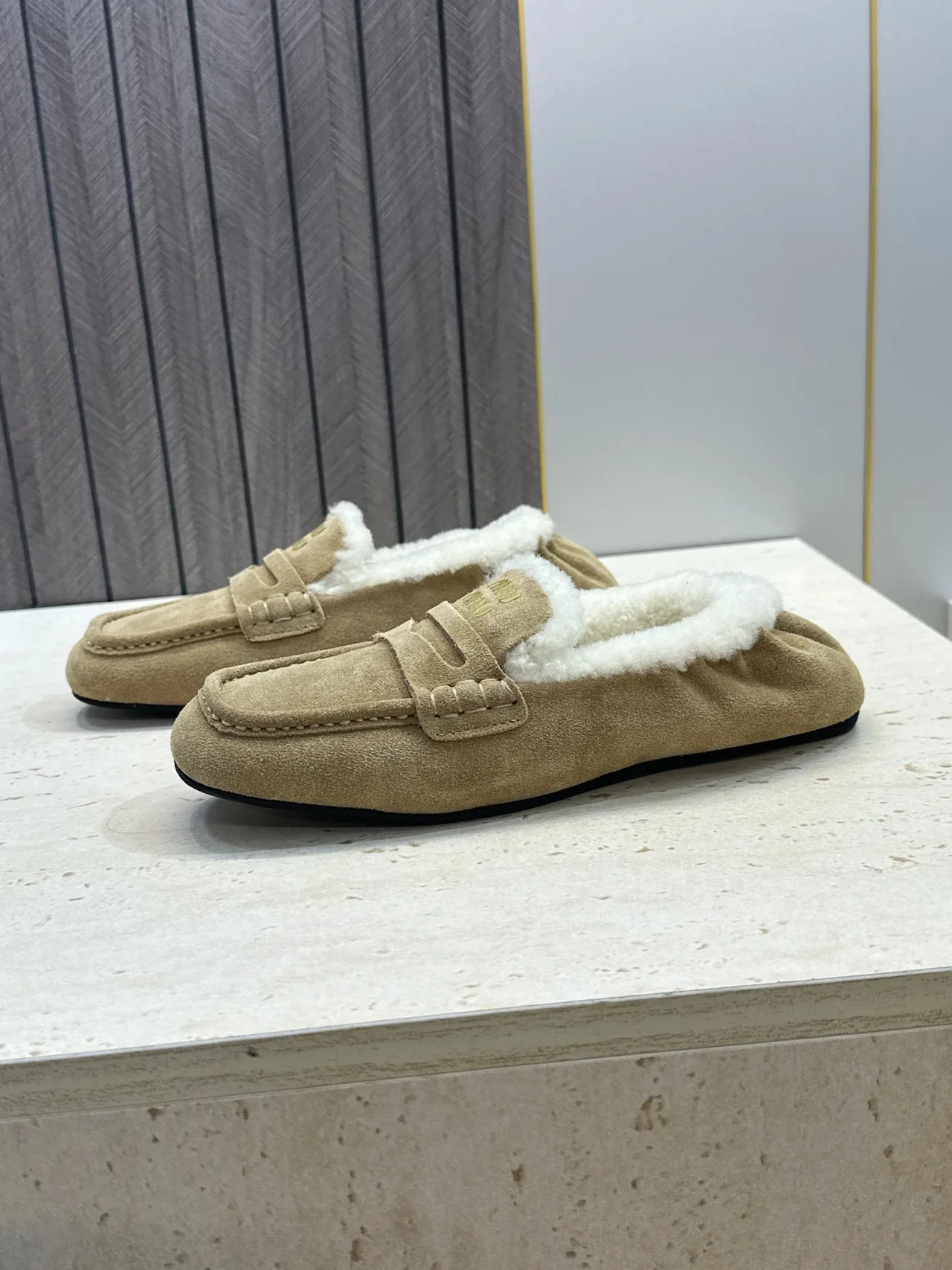 Miu Miu Round-Toe Slippers in Beige · view 5