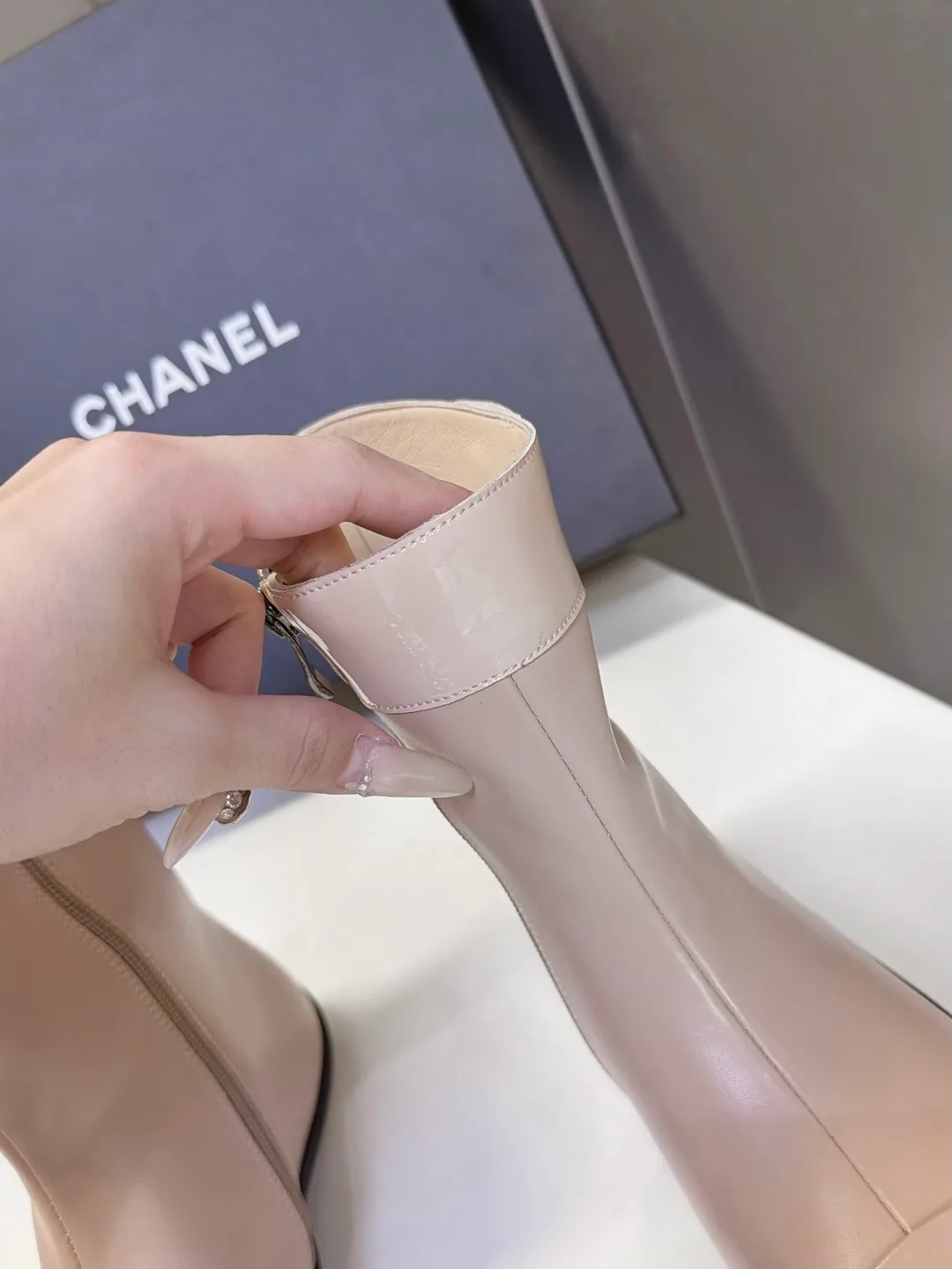Chanel Calfskin Glossy Ankle Boots in Beige · view 8