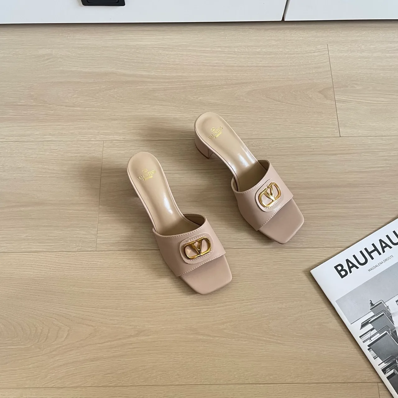 Valentino Sheepskin Square-Toe Mules in Beige · view 3