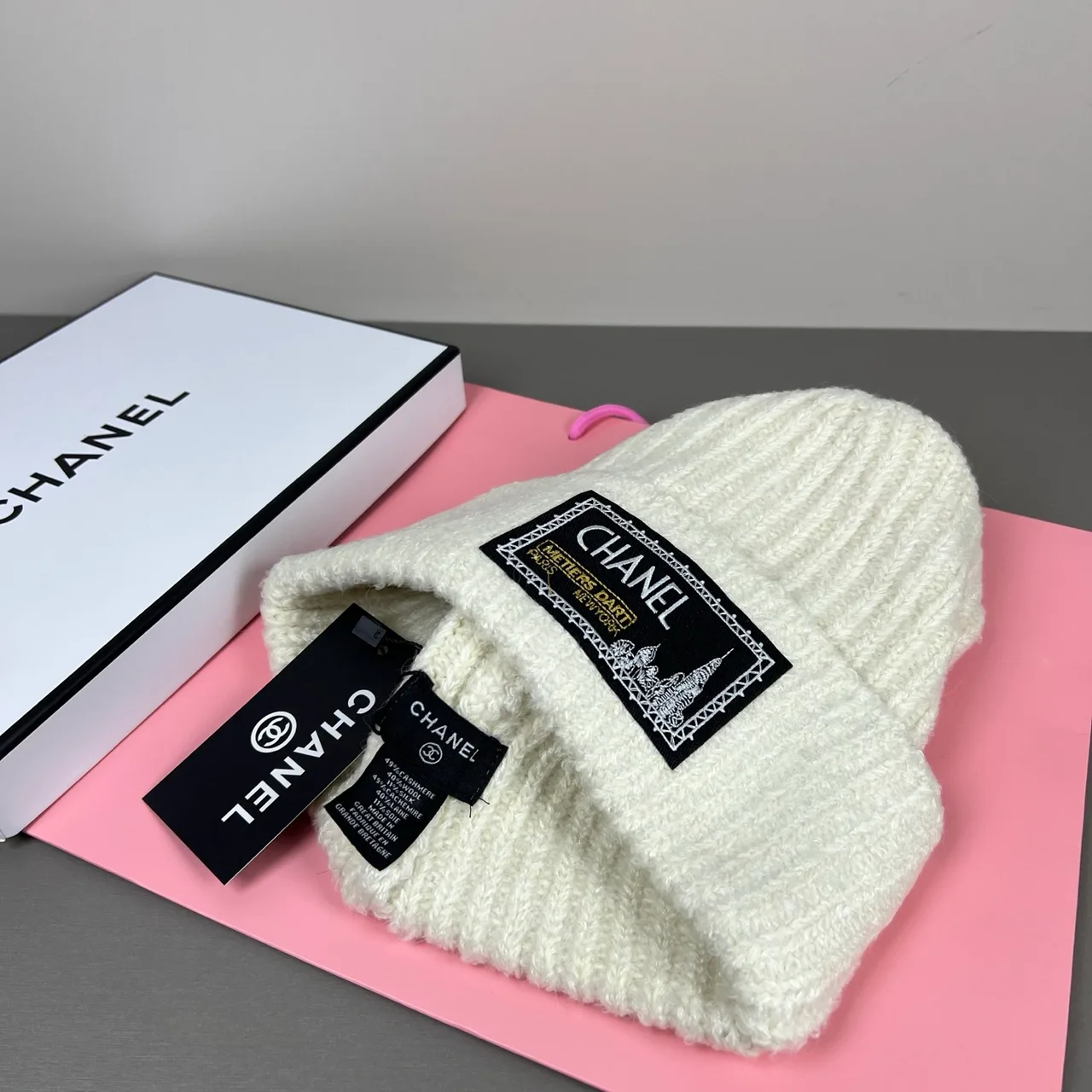 Chanel Label-patch knit beanie in Black & Cream · view 8
