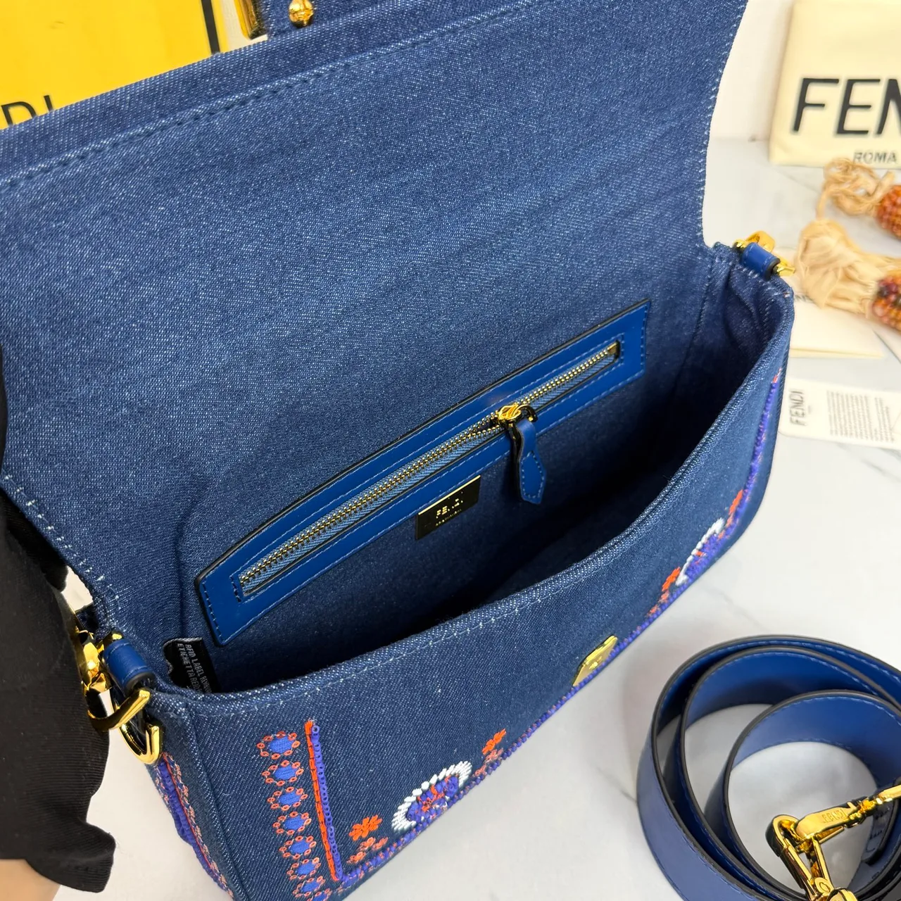 Fendi Baguette Embroidered Floral Flap Shoulder Bag in Blue · view 5