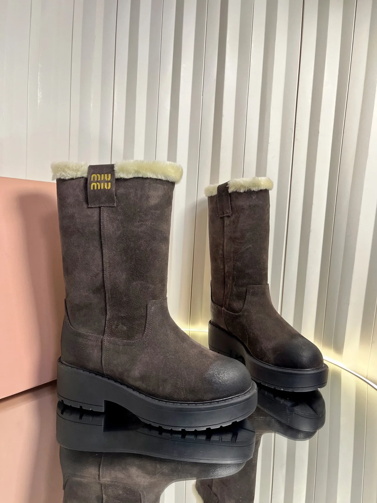 Miu Miu Calfskin Glossy Suede-Look Round-Toe Boots in Brown · view 1